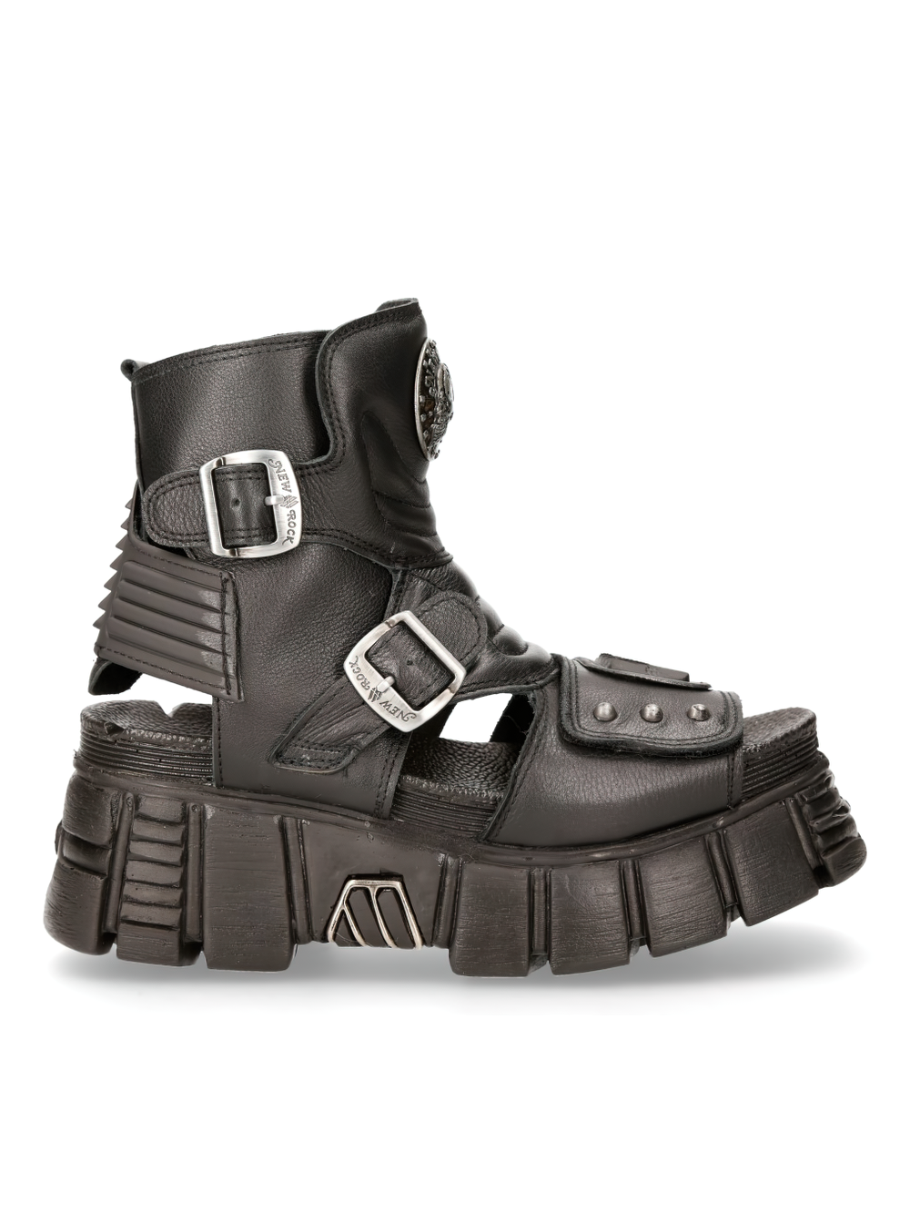 NEW ROCK Men's black platform sandals with zippers and buckles, showcasing heavy punk style and metal accents.