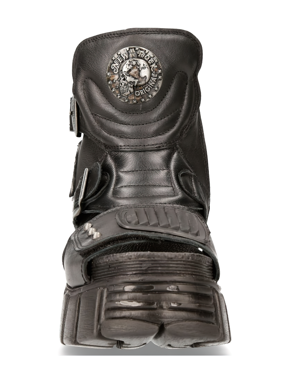 NEW ROCK men's black platform sandal boots with zippers, buckles, and metal accents, showcasing a bold punk style.