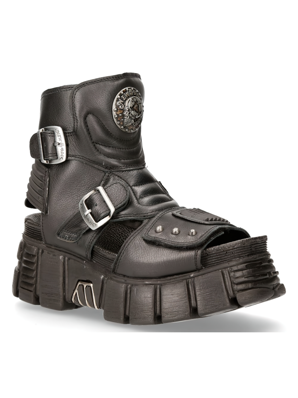 NEW ROCK black platform sandals with zippers, buckles, and metal accents, showcasing bold punk style.