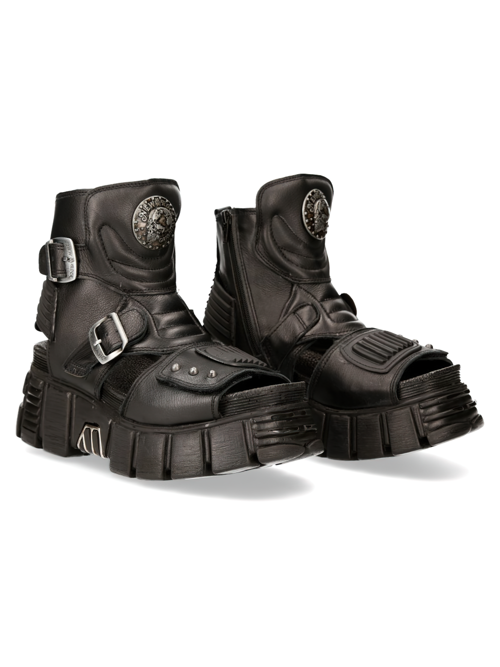 NEW ROCK Men's black punk platform sandals with zippers, buckles, and bold metal accents for a gothic style.