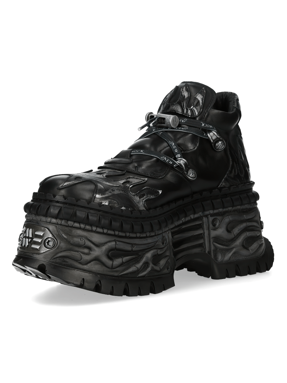 NEW ROCK Men's Platform Shoes with Flame Soles and Buckle featuring chunky flames and buckle straps.