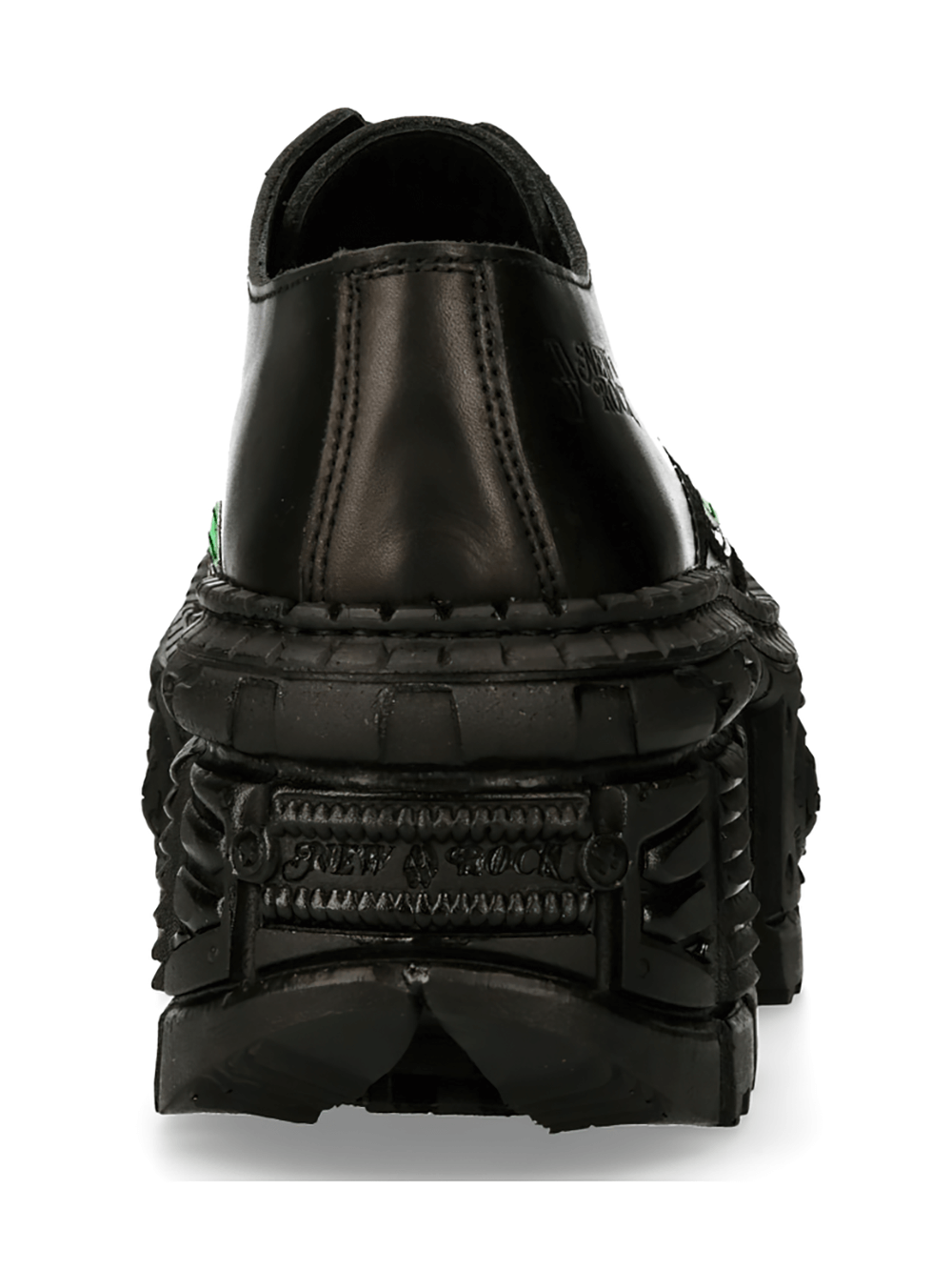 Back view of NEW ROCK Men's Platform Shoes with green flame design showcasing gothic style and elevated soles.