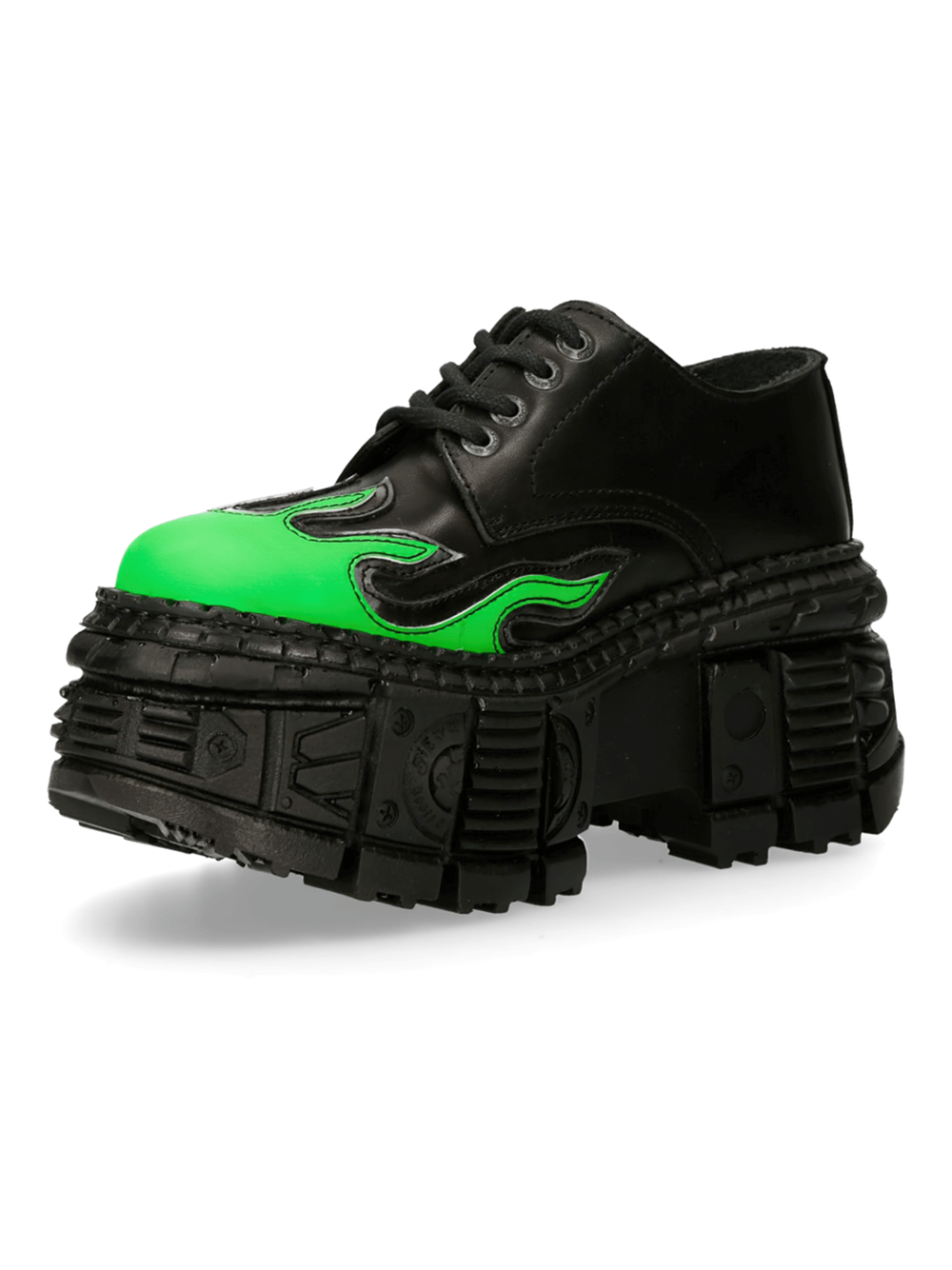 NEW ROCK Men's platform shoes in black with green flame design, showcasing a bold gothic and urban look.