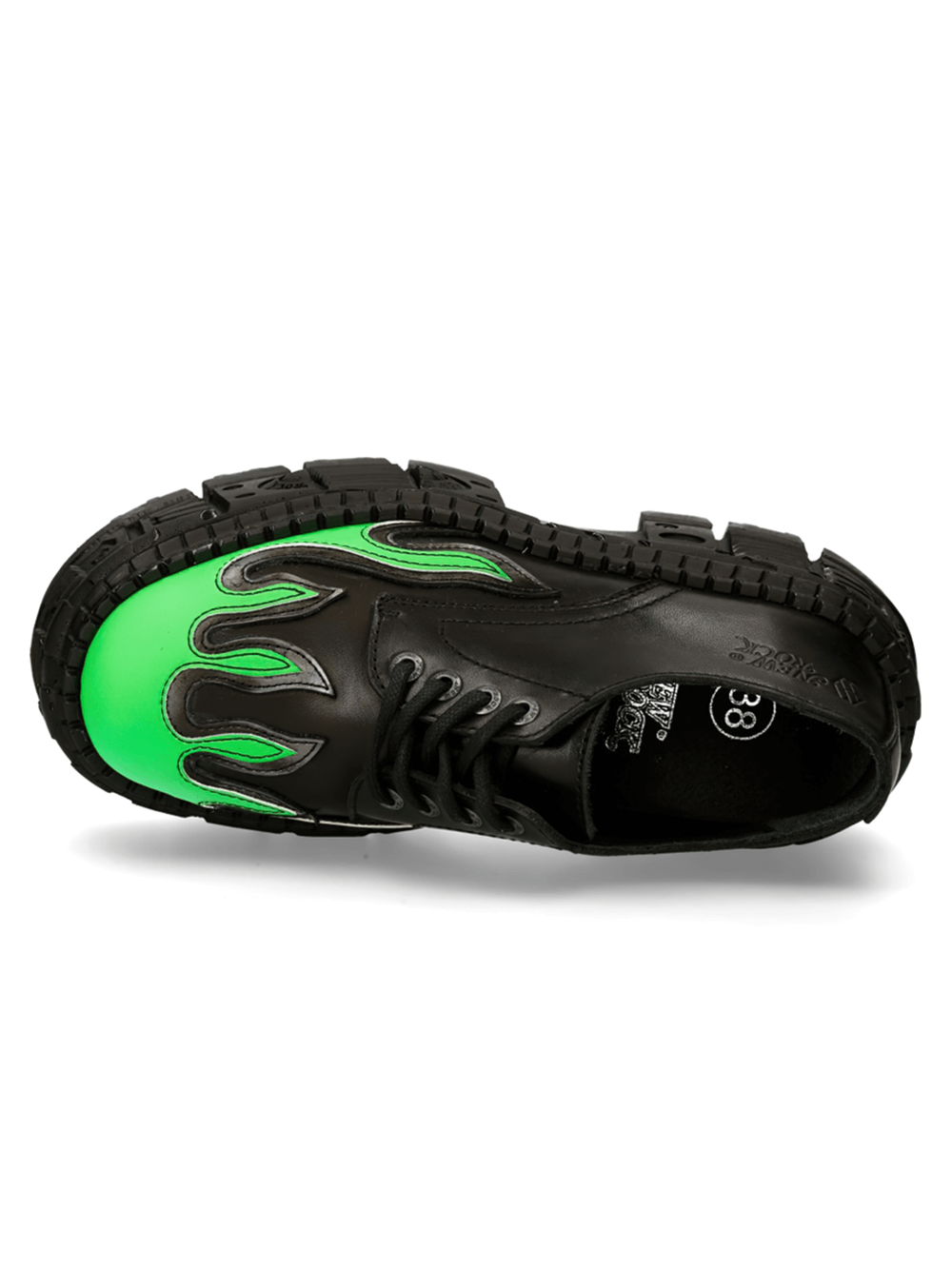 NEW ROCK men's platform shoes featuring a striking black design with green flame detailing and elevated soles.