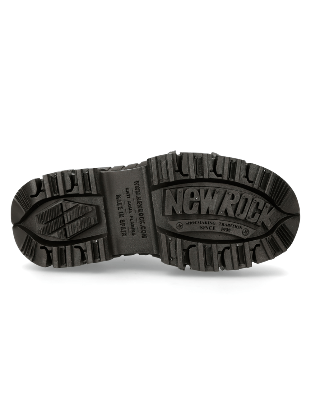 Bottom view of NEW ROCK Men's Platform Shoes showcasing rugged soles and bold branding, emphasizing gothic urban style.