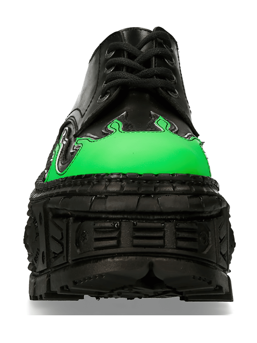 Bold NEW ROCK Men's Platform Shoes with green flame design showcasing gothic urban style from the front view.