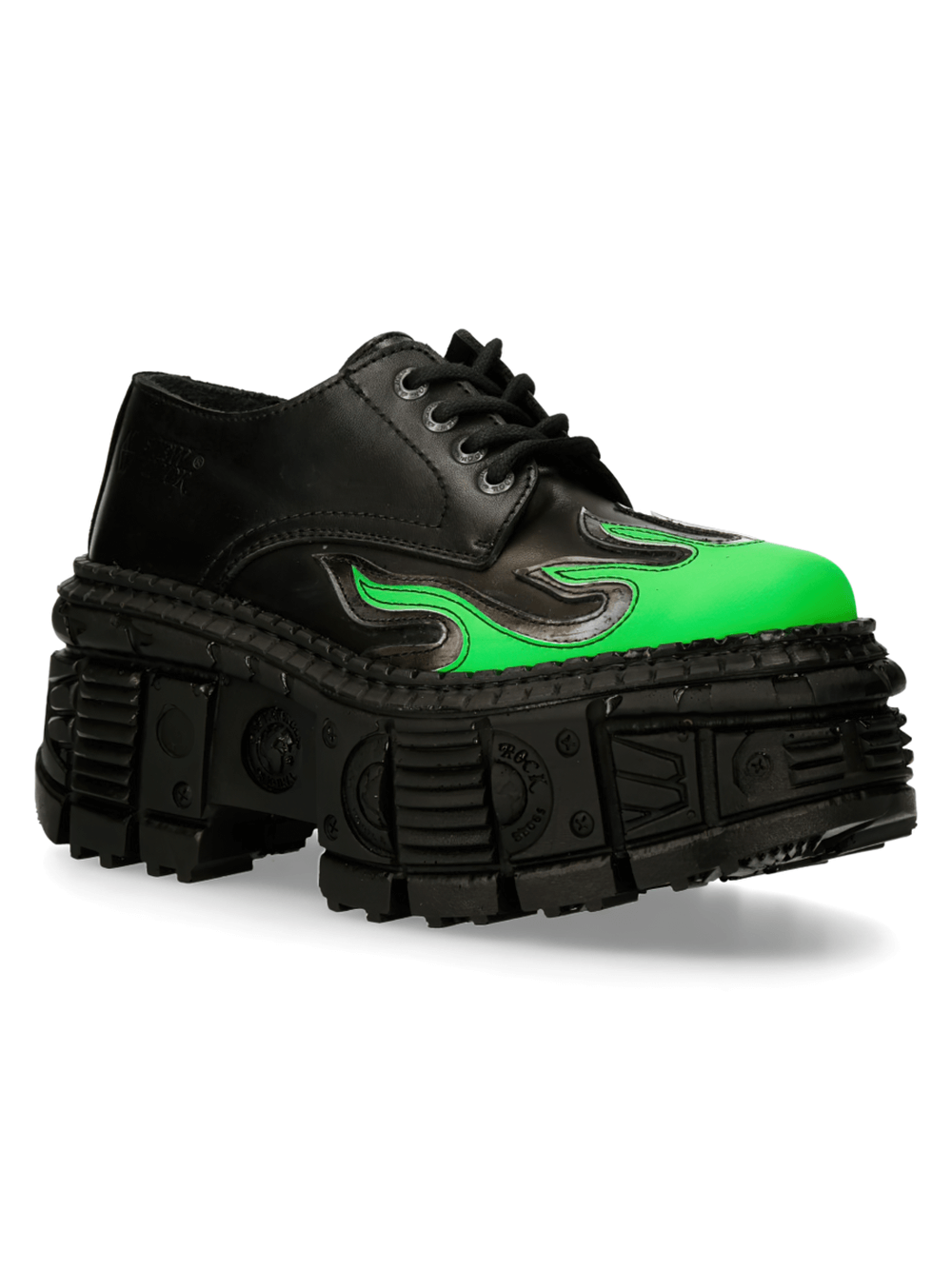 Bold NEW ROCK Men's platform shoes with green flame design and elevated black soles for extreme urban style.