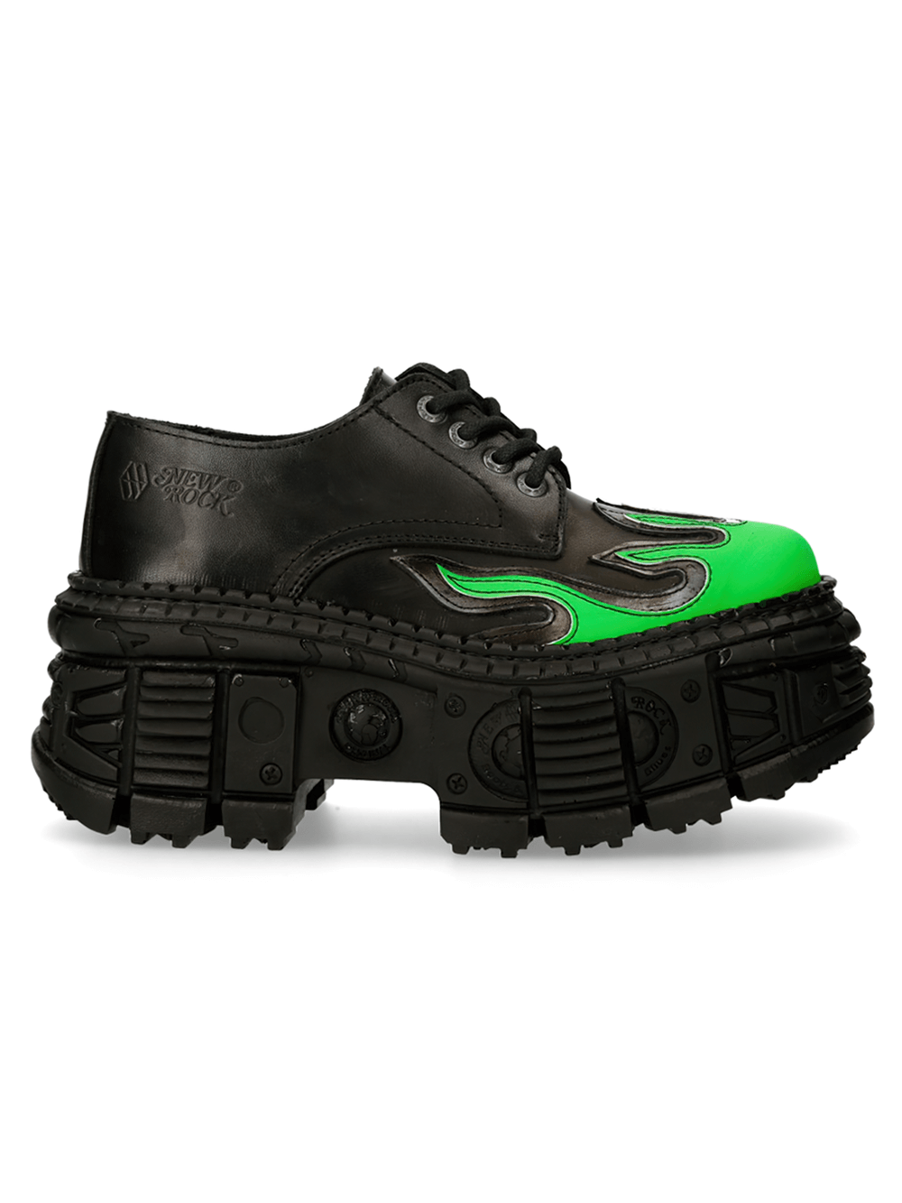 NEW ROCK Men's Gothic Platform Shoes with Green Flame Design, combining punk style and urban edge. Perfect for alternative fashion.