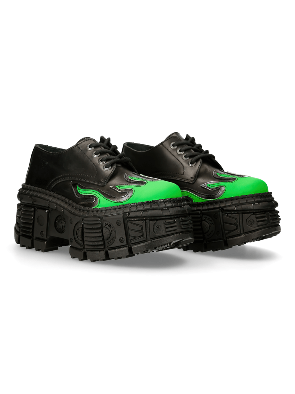 NEW ROCK Men's Platform Shoes with striking green flame design and bold black sole, perfect for alternative fashion enthusiasts.