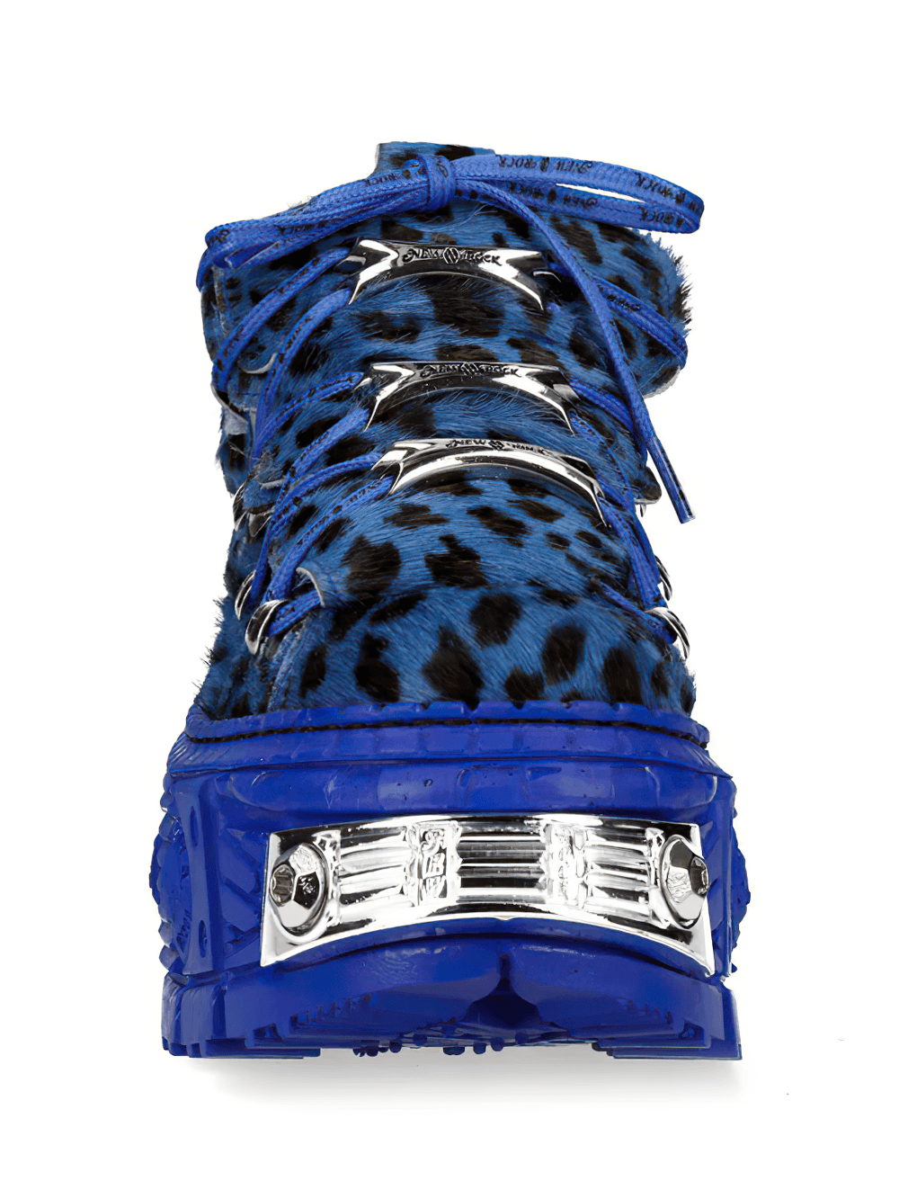 Alt Tag: NEW ROCK Men's Platform Shoes with Metallic Hardware Trim blue leopard-print lace-up chunky platform shoe with metal accents