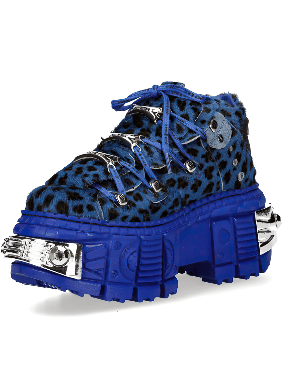 Alt Tag: NEW ROCK Men's Platform Shoes with Metallic Hardware Trim blue leopard-print chunky lace-up platform shoe with metal accents