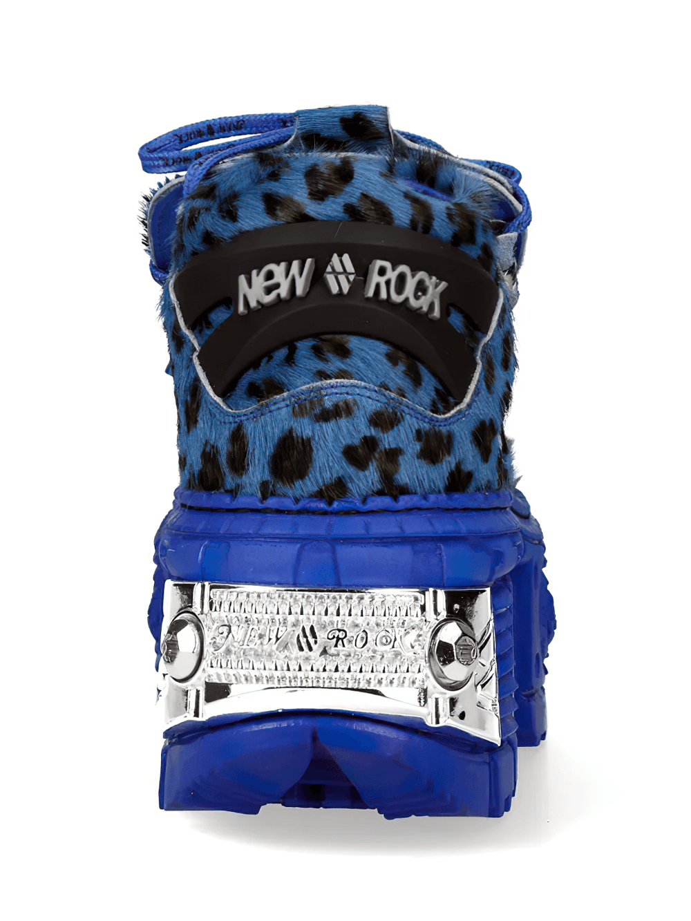 NEW ROCK Men's Platform Shoes with Metallic Hardware Trim blue leopard-print chunky platform sneaker, rear view with silver metal plate