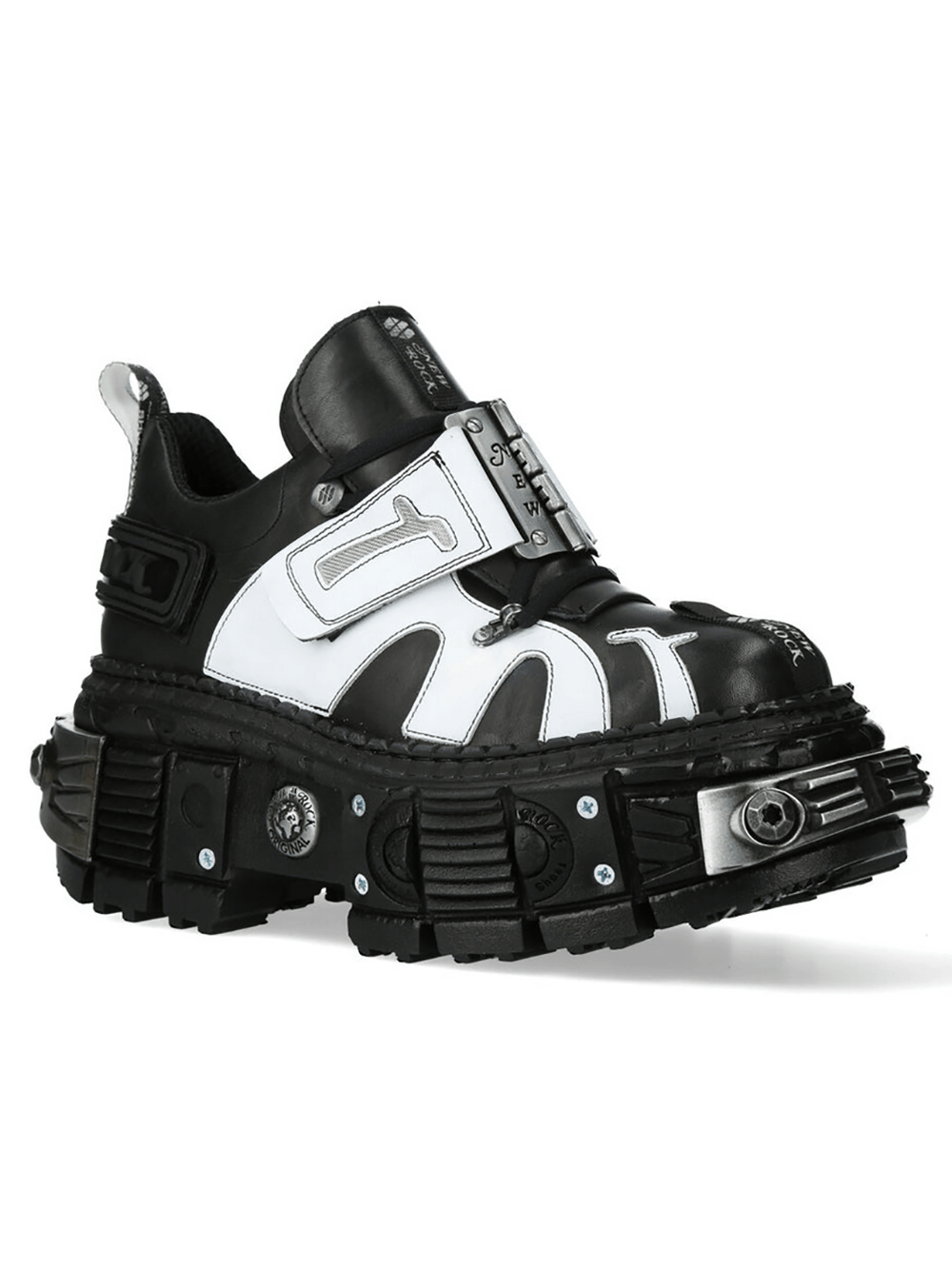 NEW ROCK Men's Platform Shoes with Oversized Buckle Strap in black and white, showcasing a chunky silhouette and mechanical sole.
