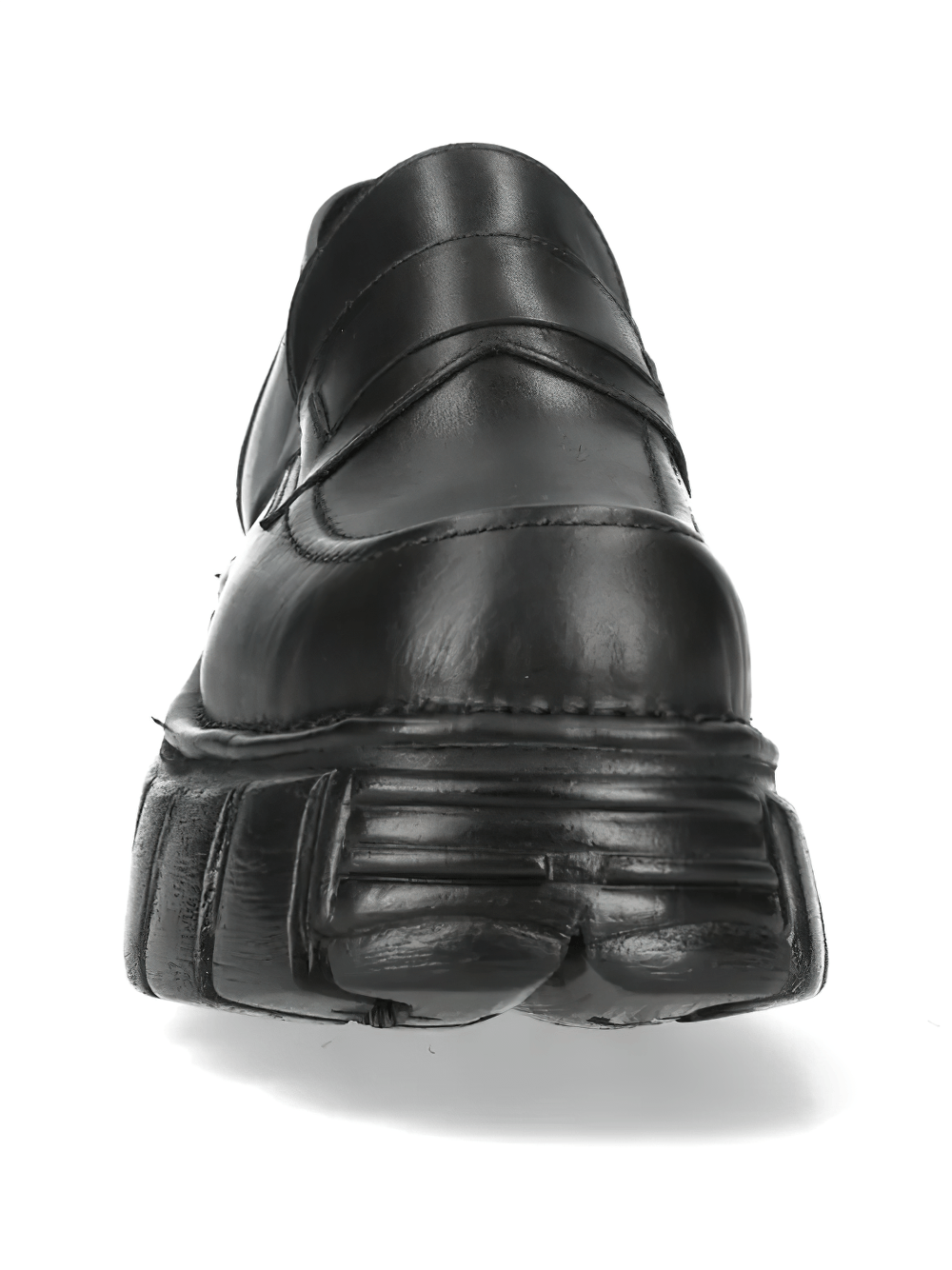 NEW ROCK Men's Platform Slip On Loafers with Chunky Sole featuring a sleek black design and bold treaded outsole.
