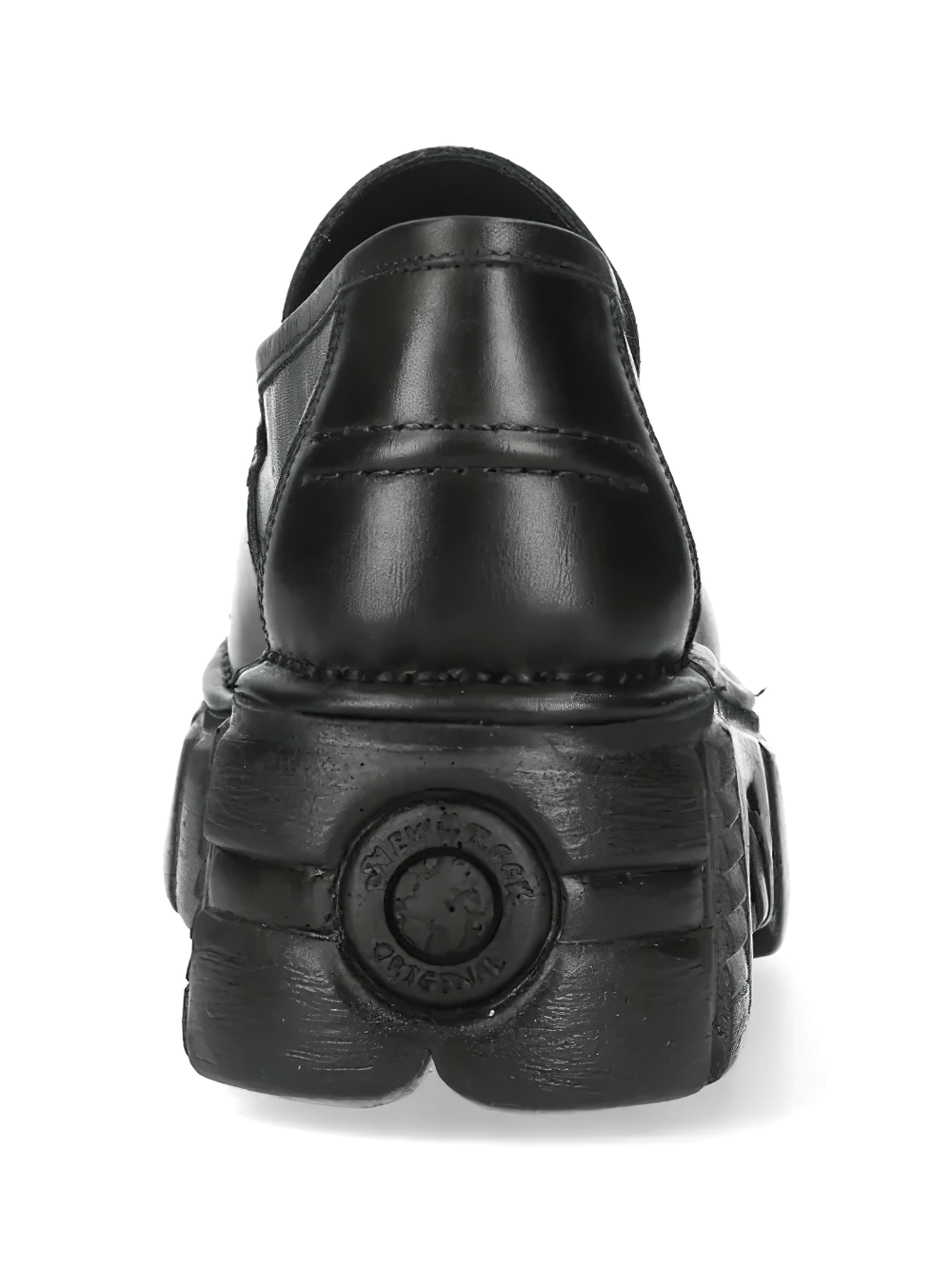 Back view of NEW ROCK Men's Platform Slip On Loafers with Chunky Sole showcasing the lug outsole and sleek design.
