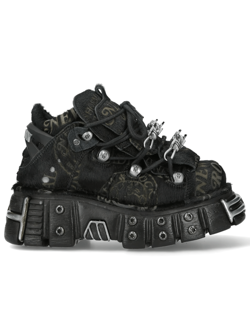 NEW ROCK Men's Punk Ankle Boots With Barbed Wire Plates in black with chunky sole and spiked lace details.