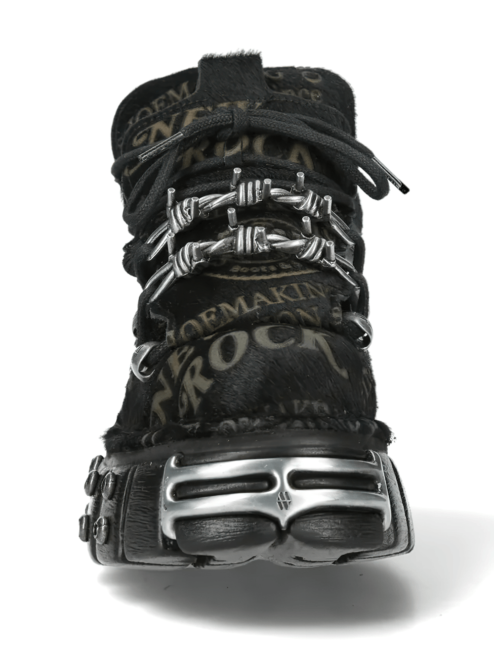 NEW ROCK Men's Punk Ankle Boots With Barbed Wire Plates featuring a chunky sole and layered laces.