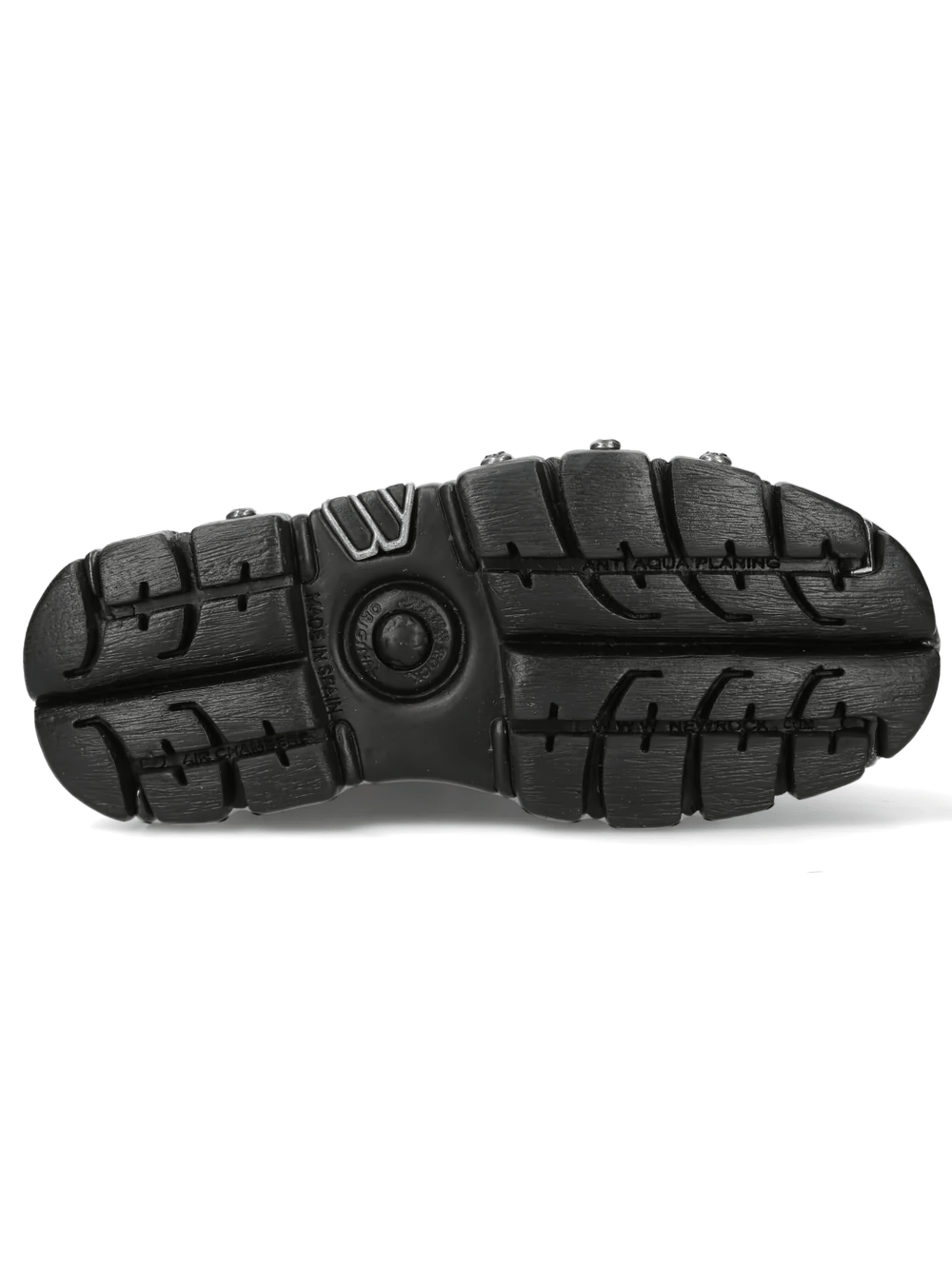 NEW ROCK Men's Punk Ankle Boots With Barbed Wire Plates sole view showcasing the rugged design and traction features.