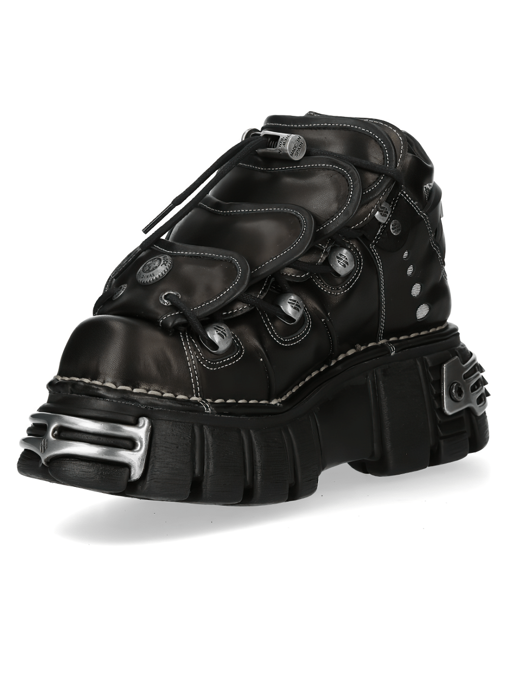 NEW ROCK Men's Punk Ankle Boots with Chunky Platform Sole Trim featuring layered lacing and silver hardware.
