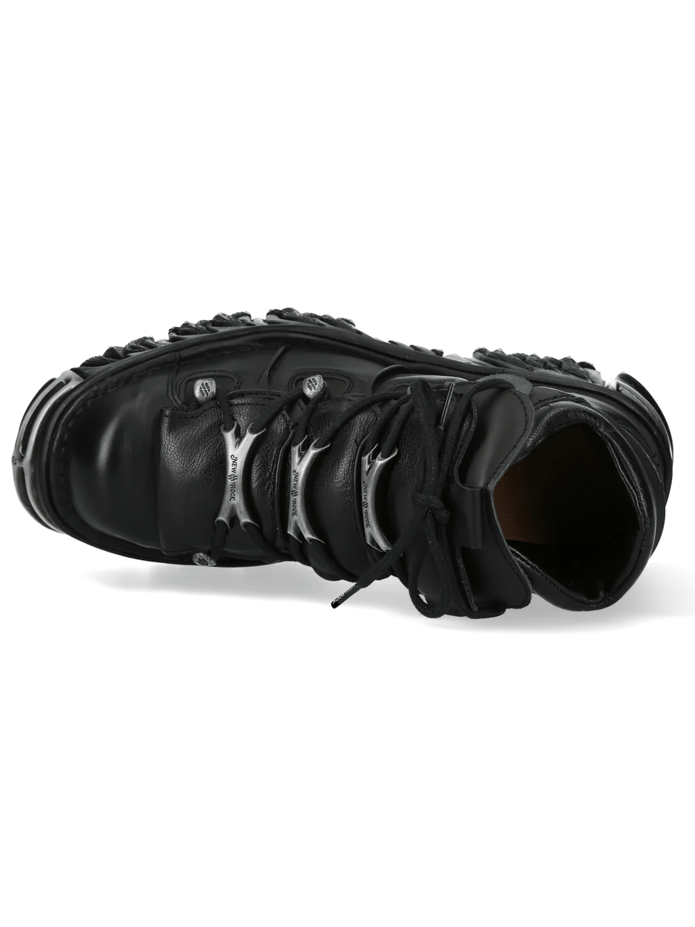 NEW ROCK Men's Punk Ankle Boots With Front Plates Trim viewed from above showcasing lace-up design and silver-tone plate trim.