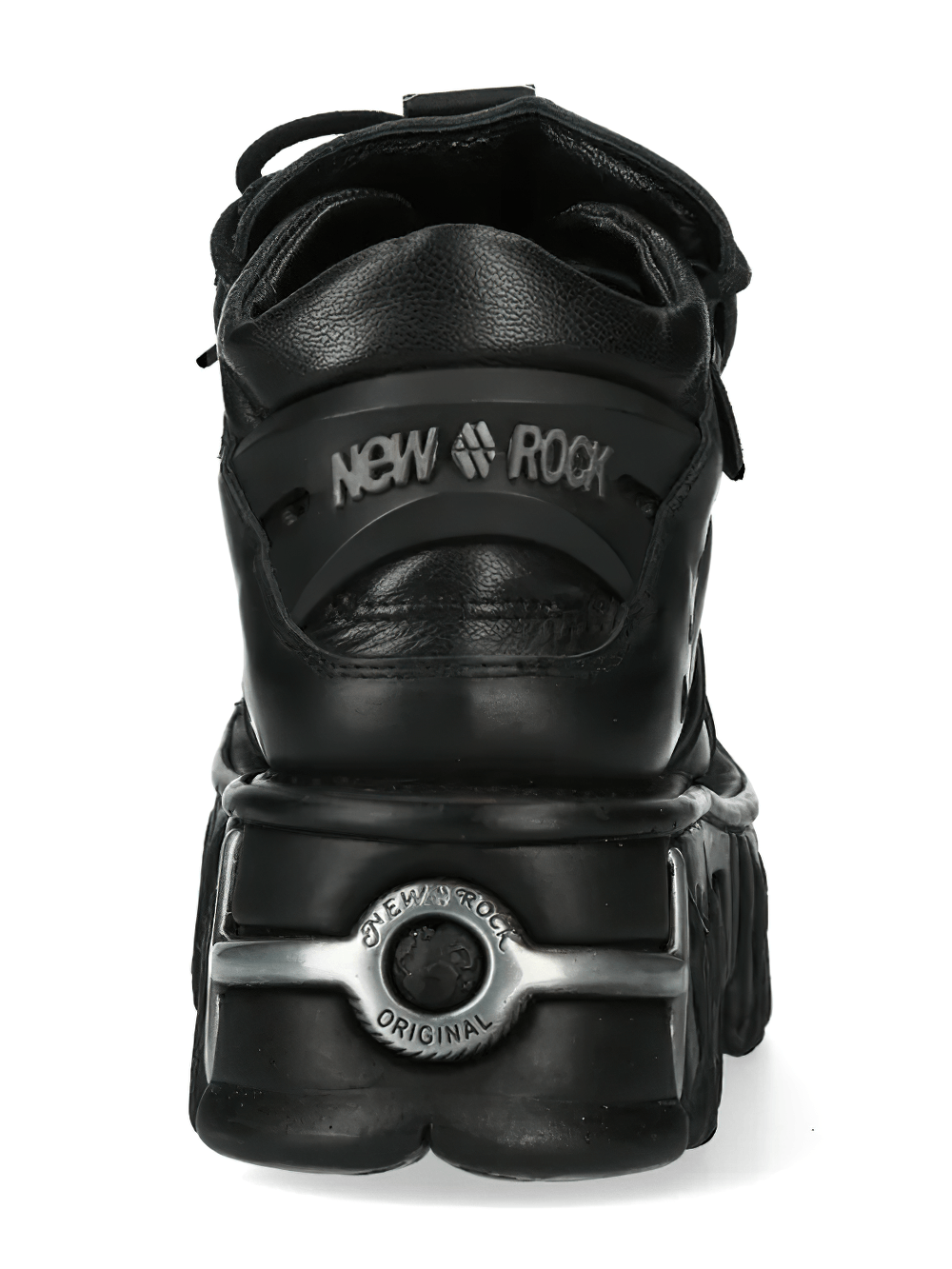 NEW ROCK Men's Punk Ankle Boots With Front Plates Trim - rear view highlighting the unique design and sculpted flame sole.