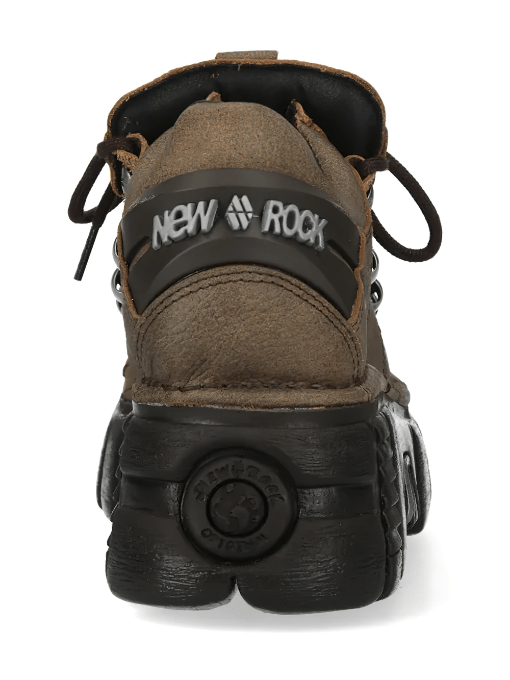 NEW ROCK Men's Punk Ankle Boots With Silver Hardware Details showing rear view with chunky sole and brown finish.