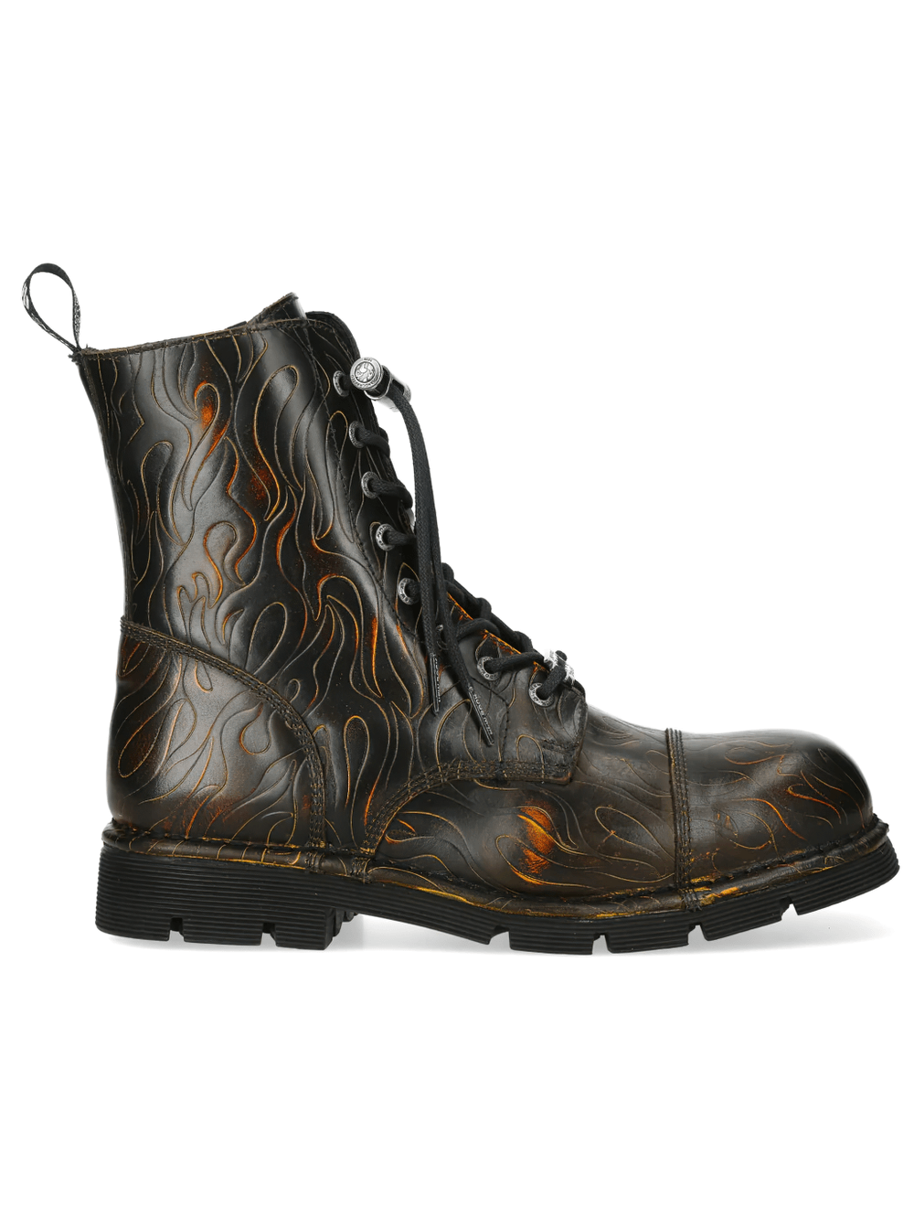 NEW ROCK Men's Punk Boots with Burnished Flame Finish Design in striking black and flame detailing.