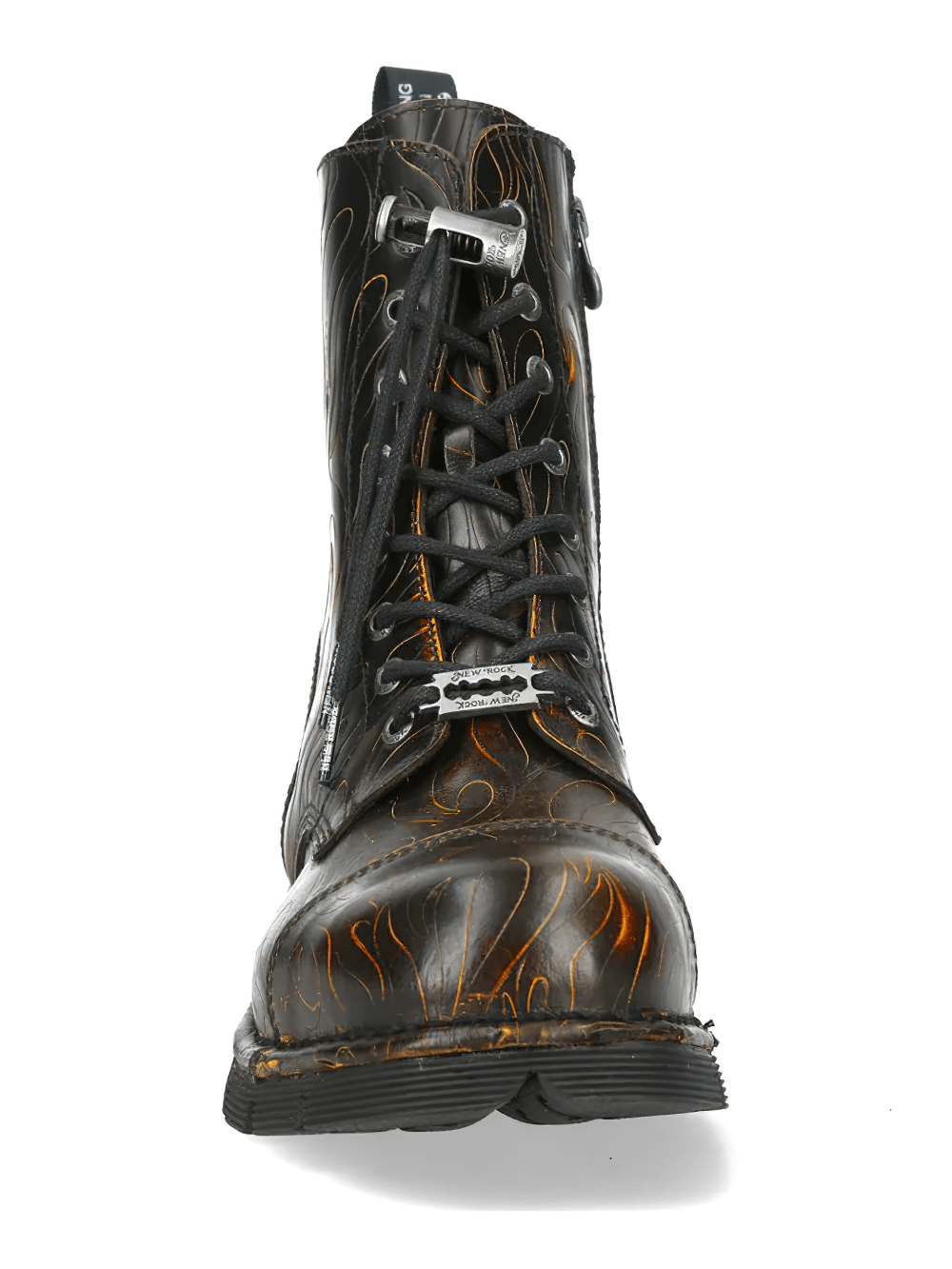 NEW ROCK Men's Punk Boots with Burnished Flame Finish Design featuring striking lace-up design and unique flame detailing.