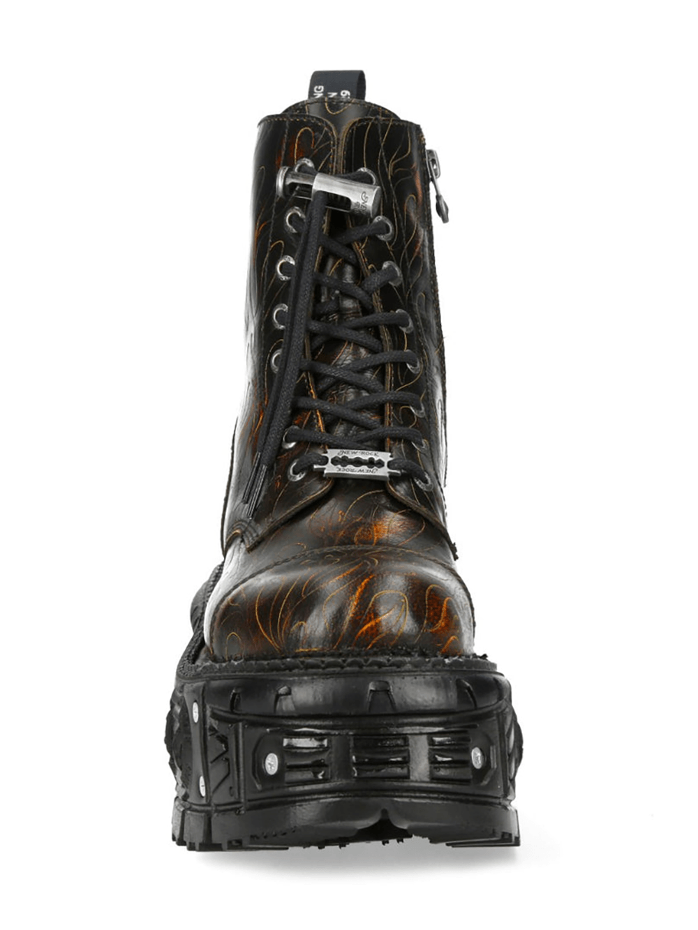 NEW ROCK Men's Punk Boots with Fiery Engraving and Side Zip front view showcasing fiery orange engraving and rugged sole.