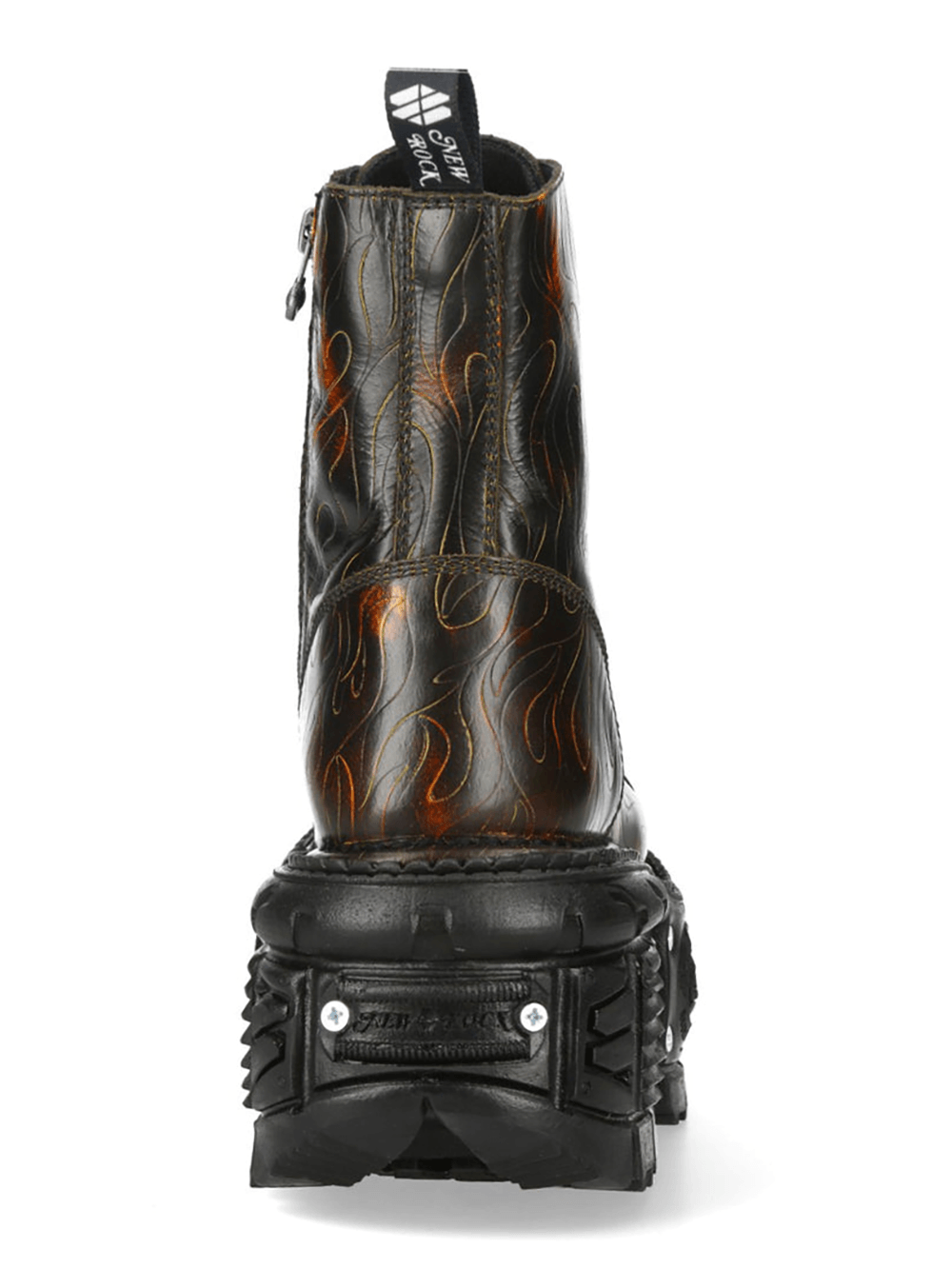NEW ROCK Men's Punk Boots with Fiery Engraving and Side Zip view from behind showcasing the fiery engravings.