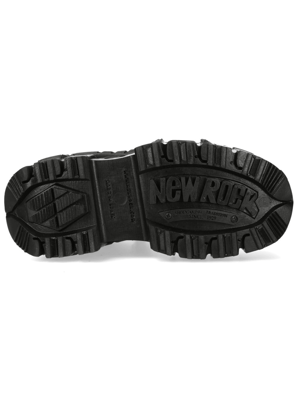 NEW ROCK Men's Punk Boots with Fiery Engraving and Side Zip rugged industrial sole view from below