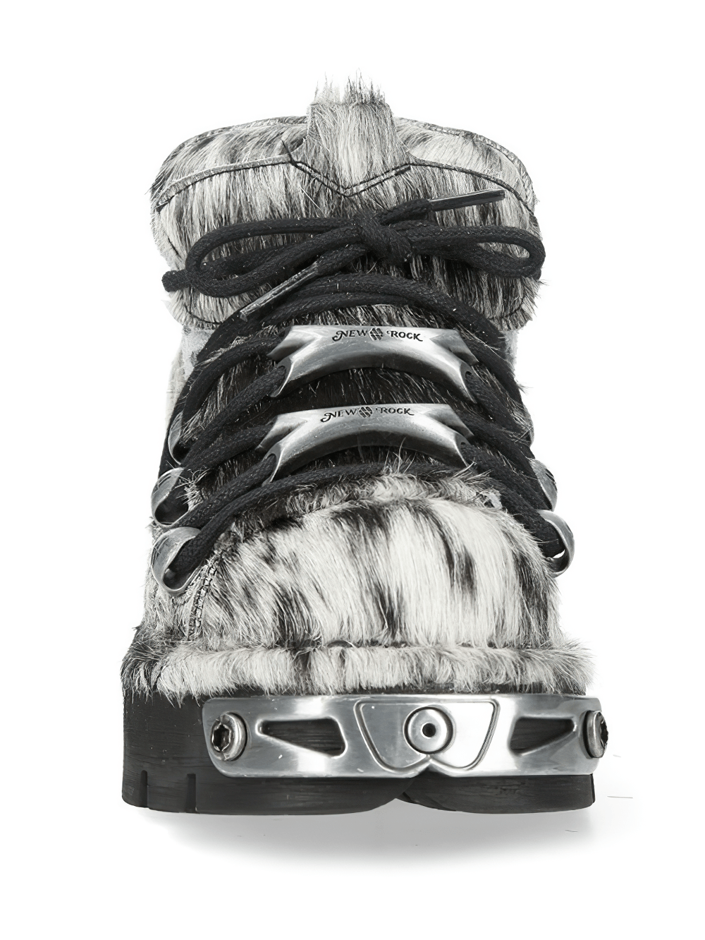 NEW ROCK Men's Punk Cow Print Lace-Up Platform Shoes with silver hardware and cow-patterned finish.