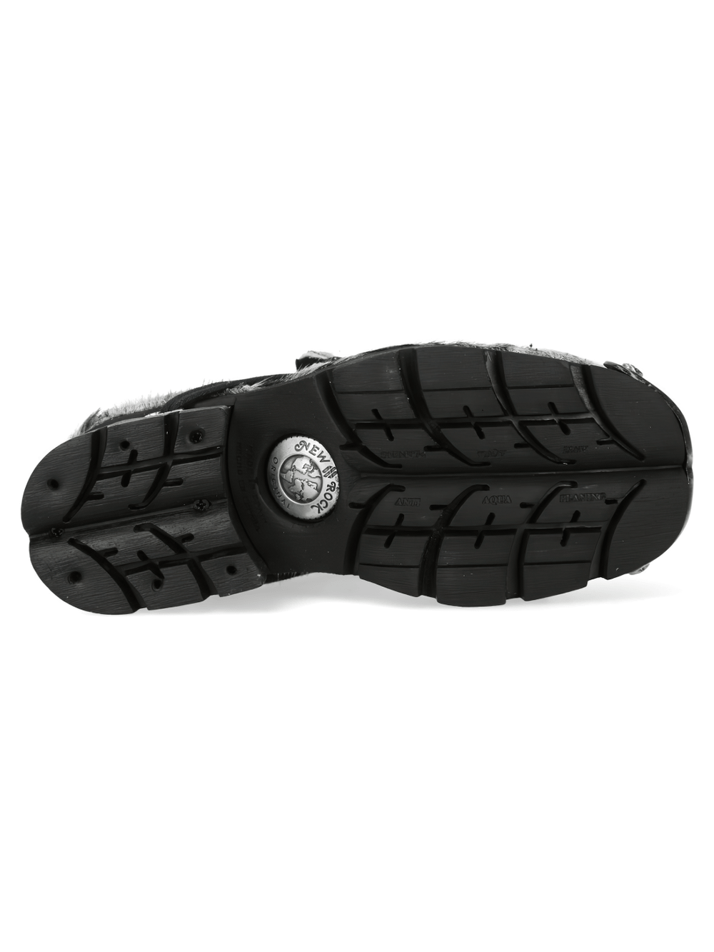 NEW ROCK Men's Punk Cow Print Lace-Up Platform Shoes sole view with chunky tread and silver hardware accents.