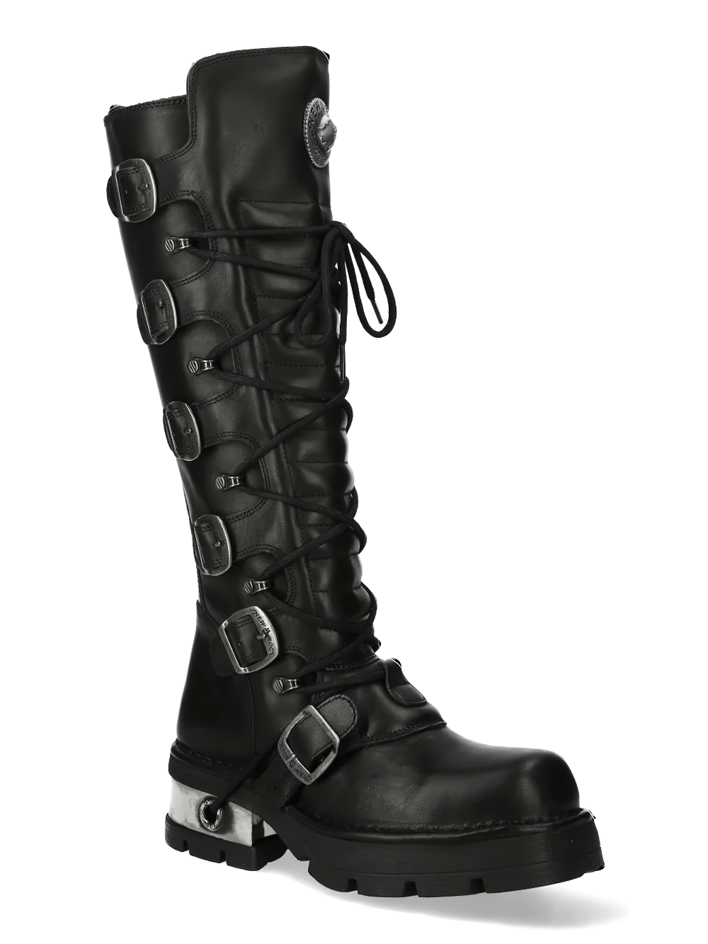 NEW ROCK Men's Punk Knee Boots with Side Zip and Metal Heels featuring a lace-up front and chunky platform sole.