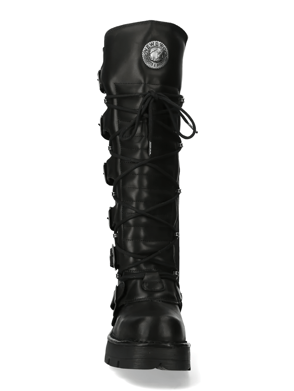 NEW ROCK Men's Punk Knee Boots with Side Zip and Metal Heels featuring a lace-up front and chunky platform sole.
