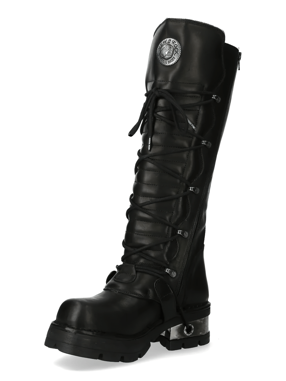 NEW ROCK Men's Punk Knee Boots with Side Zip and Metal Heels featuring a bold lace-up design and metallic heel.