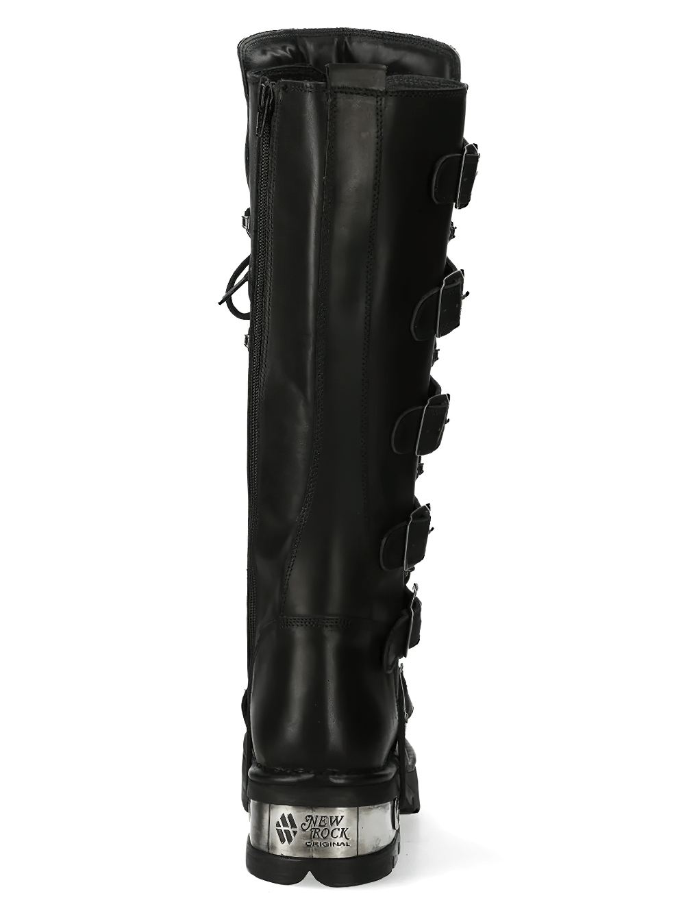 NEW ROCK Men's Punk Knee Boots with Side Zip and Metal Heels, showcasing a sleek black design with buckle straps and bold metallic heel.