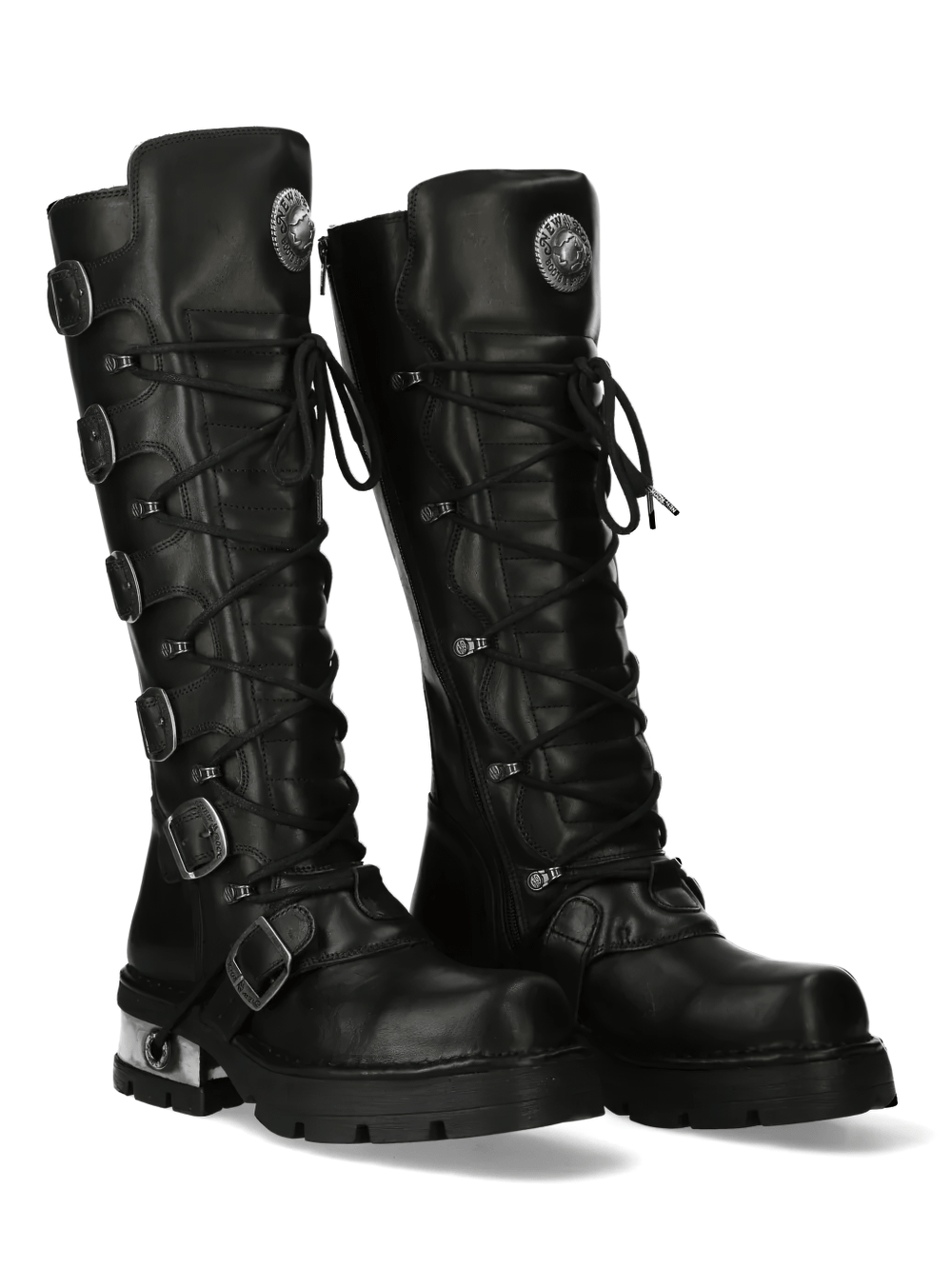 NEW ROCK Men's Punk Knee Boots with Side Zip and Metal Heels featuring lace-up design and chunky sole.