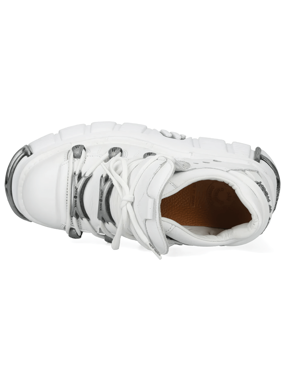 NEW ROCK Men's Punk Platform Shoes with Silver Trim Edge top view showcasing silver-tone lace plates and sculpted sole.