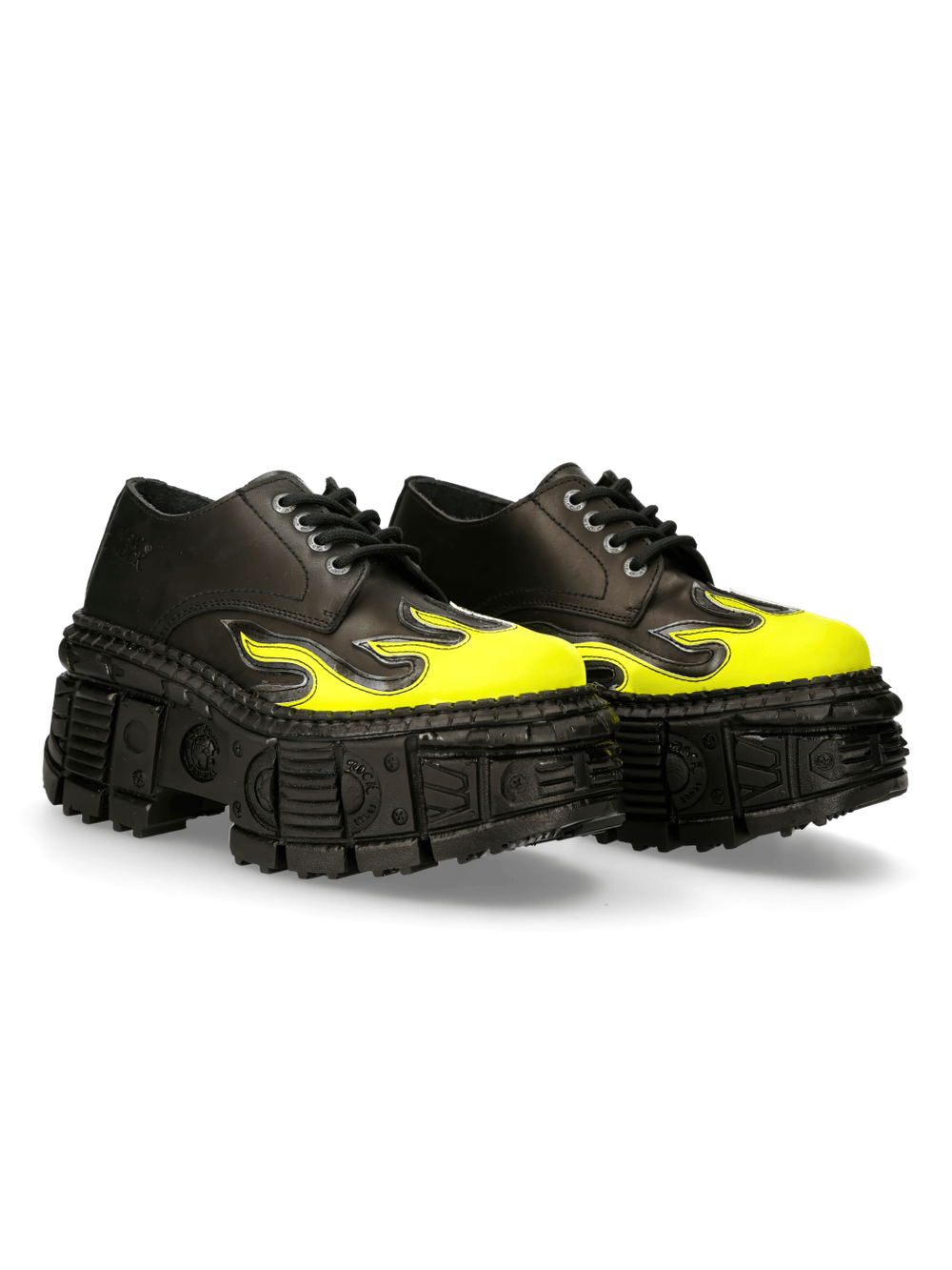 NEW ROCK Men's punk platform shoes with bold yellow flame design and rugged soles for urban style.