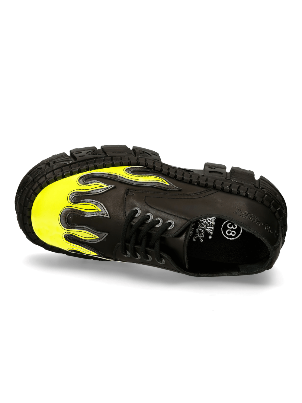 NEW ROCK Men's Punk Platform Shoe with Yellow Flame Design and Bold Black Sole, Ideal for Urban Alternative Fashion.