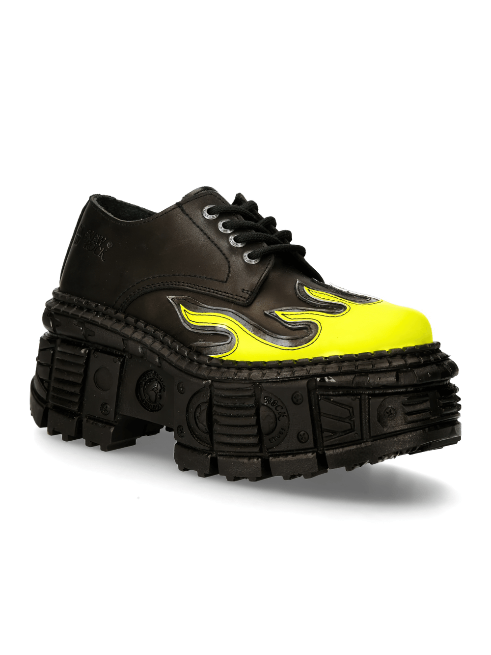 NEW ROCK men's punk platform shoes with yellow flame design and thick rugged soles for bold urban style.