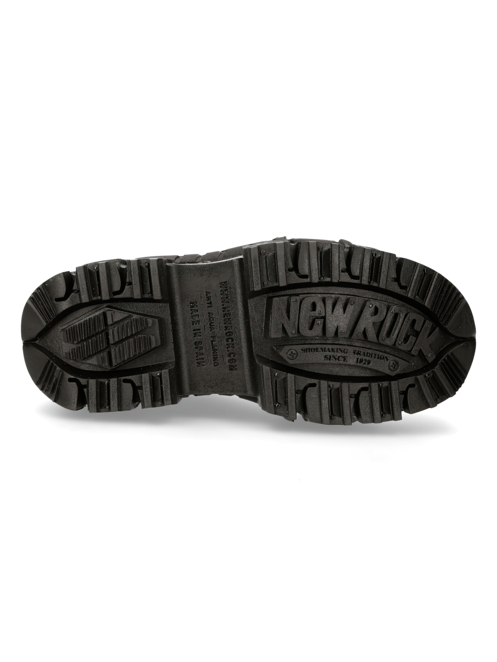 bottom view of NEW ROCK men's punk platform shoes showcasing rugged soles and bold branding for urban style.