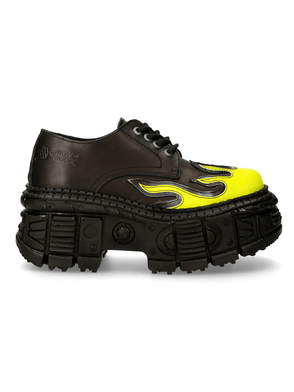 NEW ROCK Men's Punk Platform Shoes with bold yellow flame design and rugged black sole for urban style.