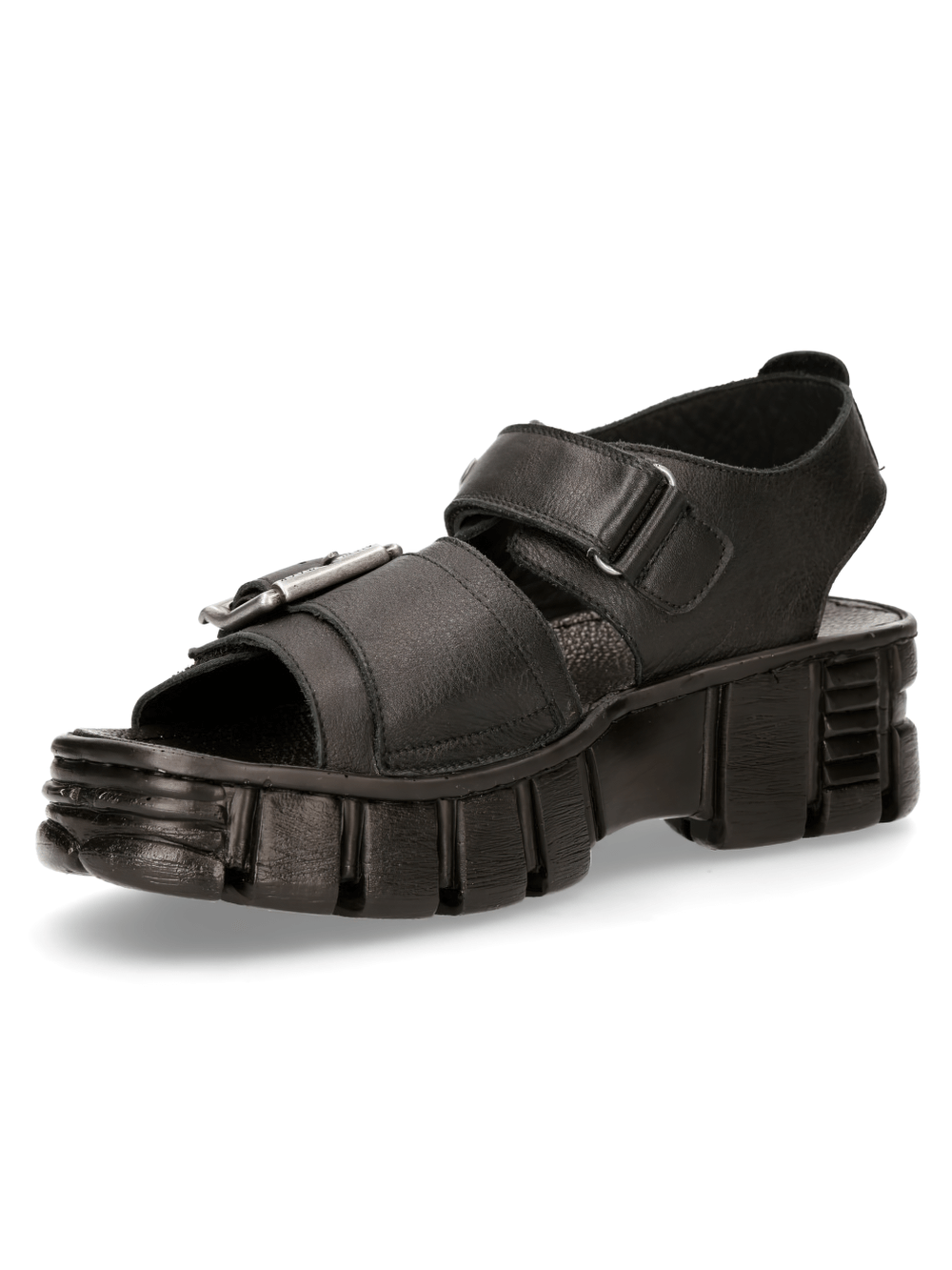 Gothic-inspired black platform sandals with Velcro and buckle, perfect for punk and urban styles.