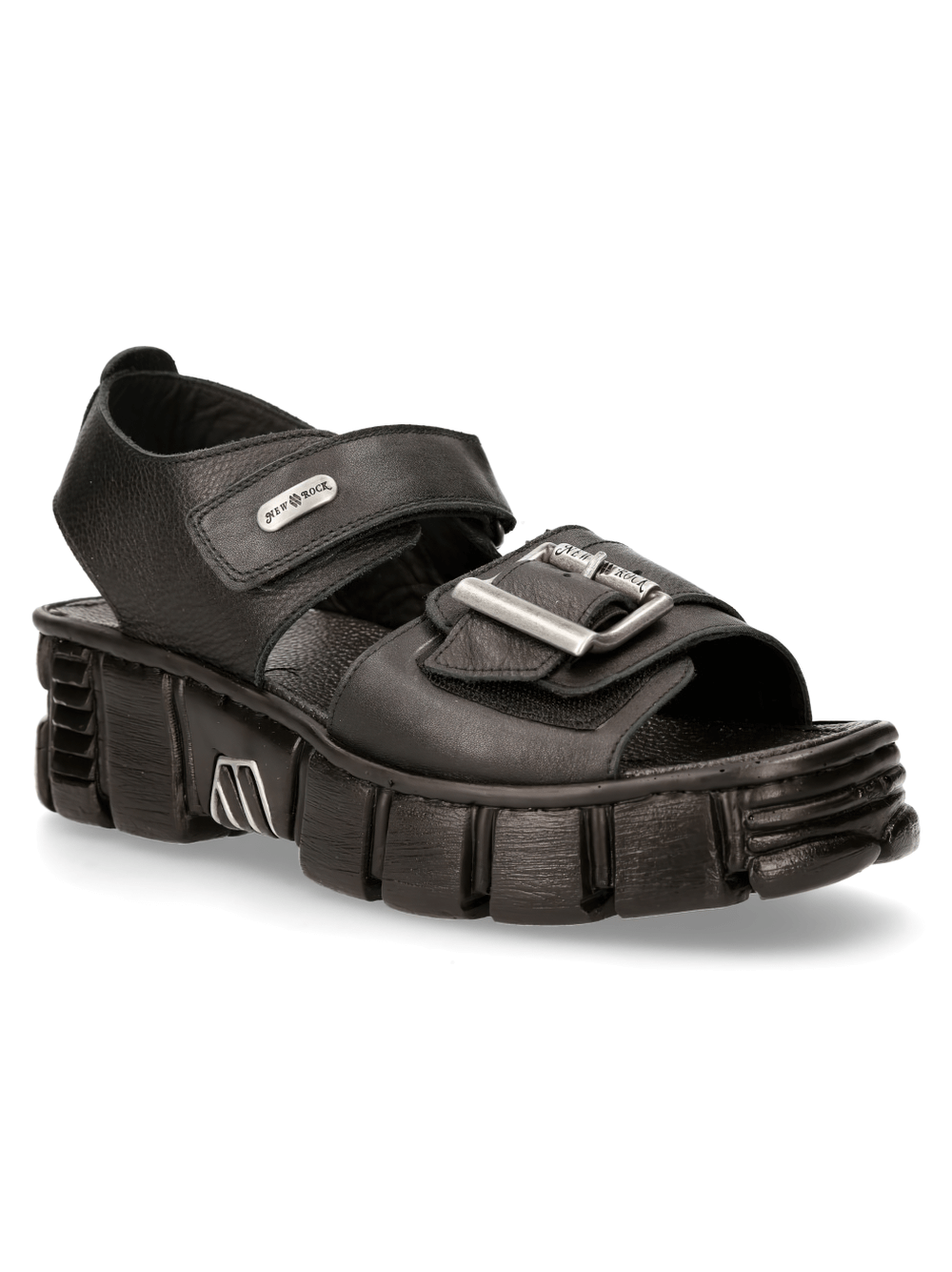 Stylish black punk sandals with chunky platform sole, Velcro and buckle for secure fit, perfect for gothic and urban fashion.