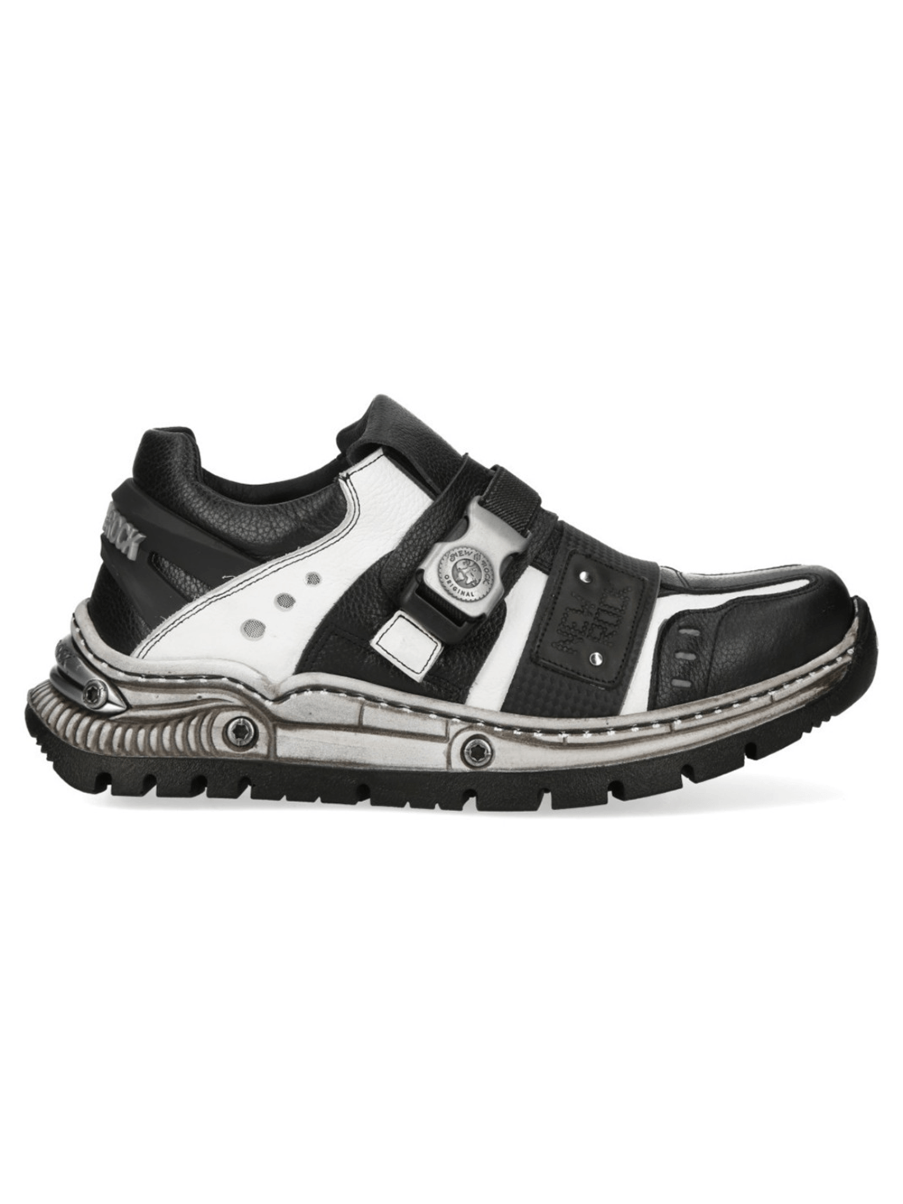 NEW ROCK Men's Punk Shoes with Buckle Strap Detail in black and white with mechanical sole accents.