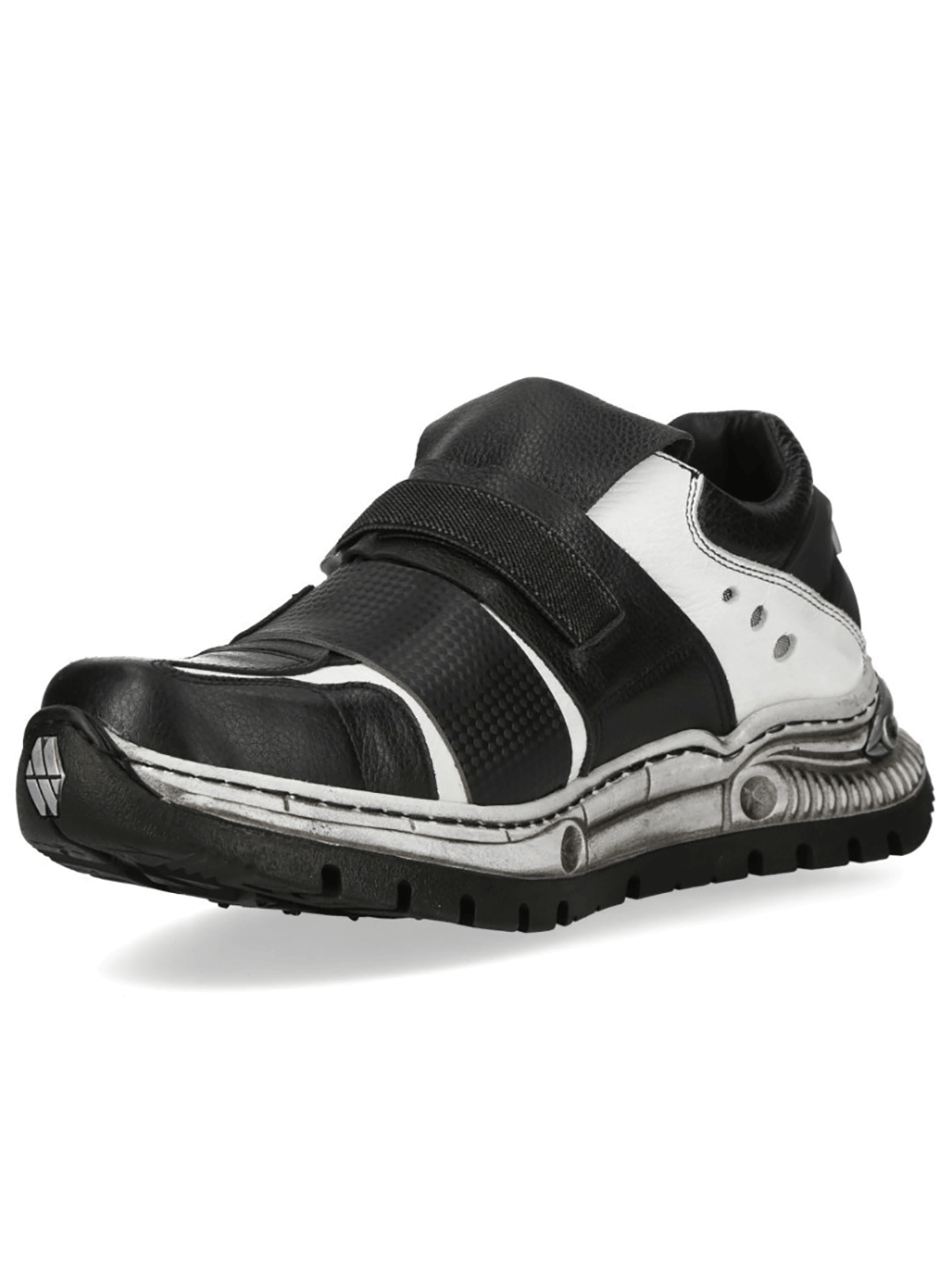 NEW ROCK Men's Punk Shoes with Buckle Strap Detail showcasing black and white design and rugged buckle features.