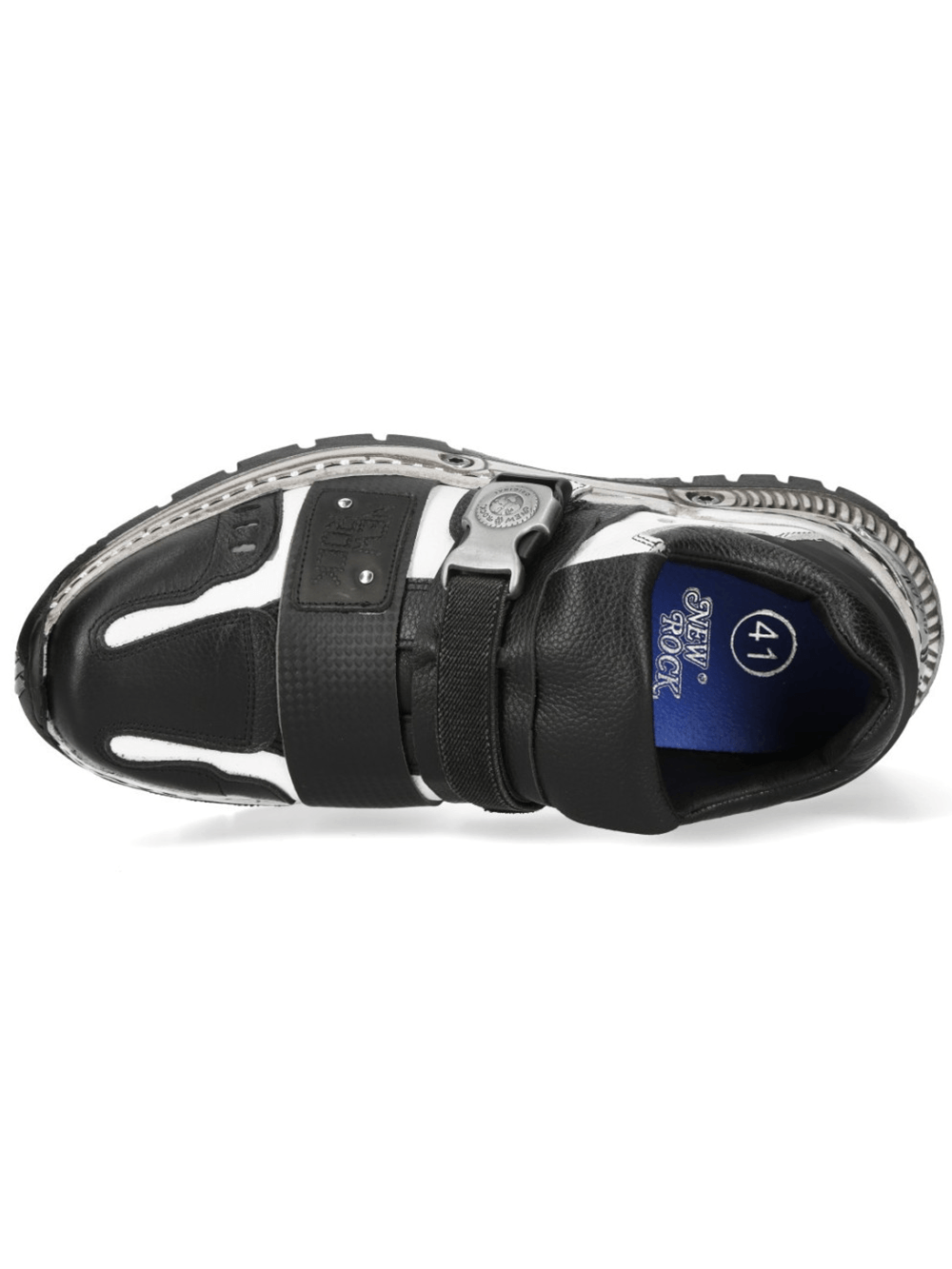 NEW ROCK Men's Punk Shoes with Buckle Strap Detail - top view showcasing black and white design and bold buckle.