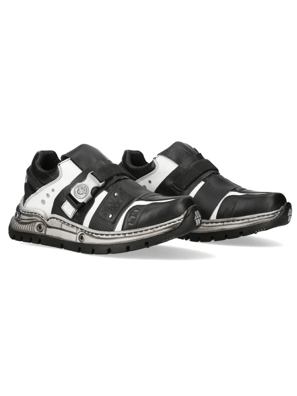 NEW ROCK Men's Punk Shoes with Buckle Strap Detail featuring black-white contrast panels and rugged sole.